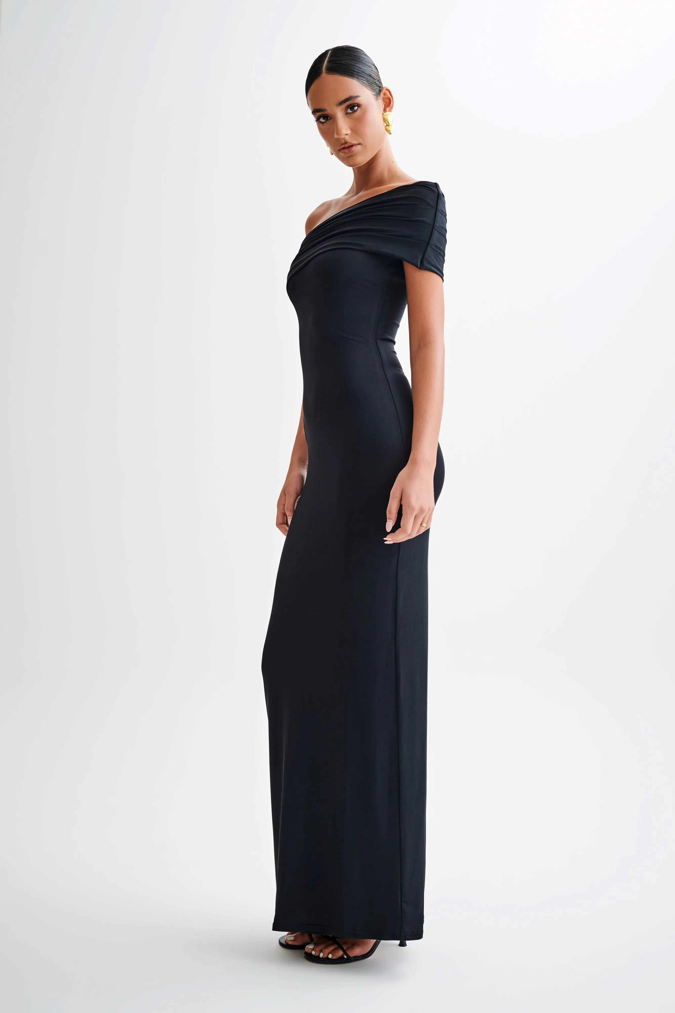 Cassandra Off Shoulder Slinky Maxi Dress - Black Fit For All Smooth Mood