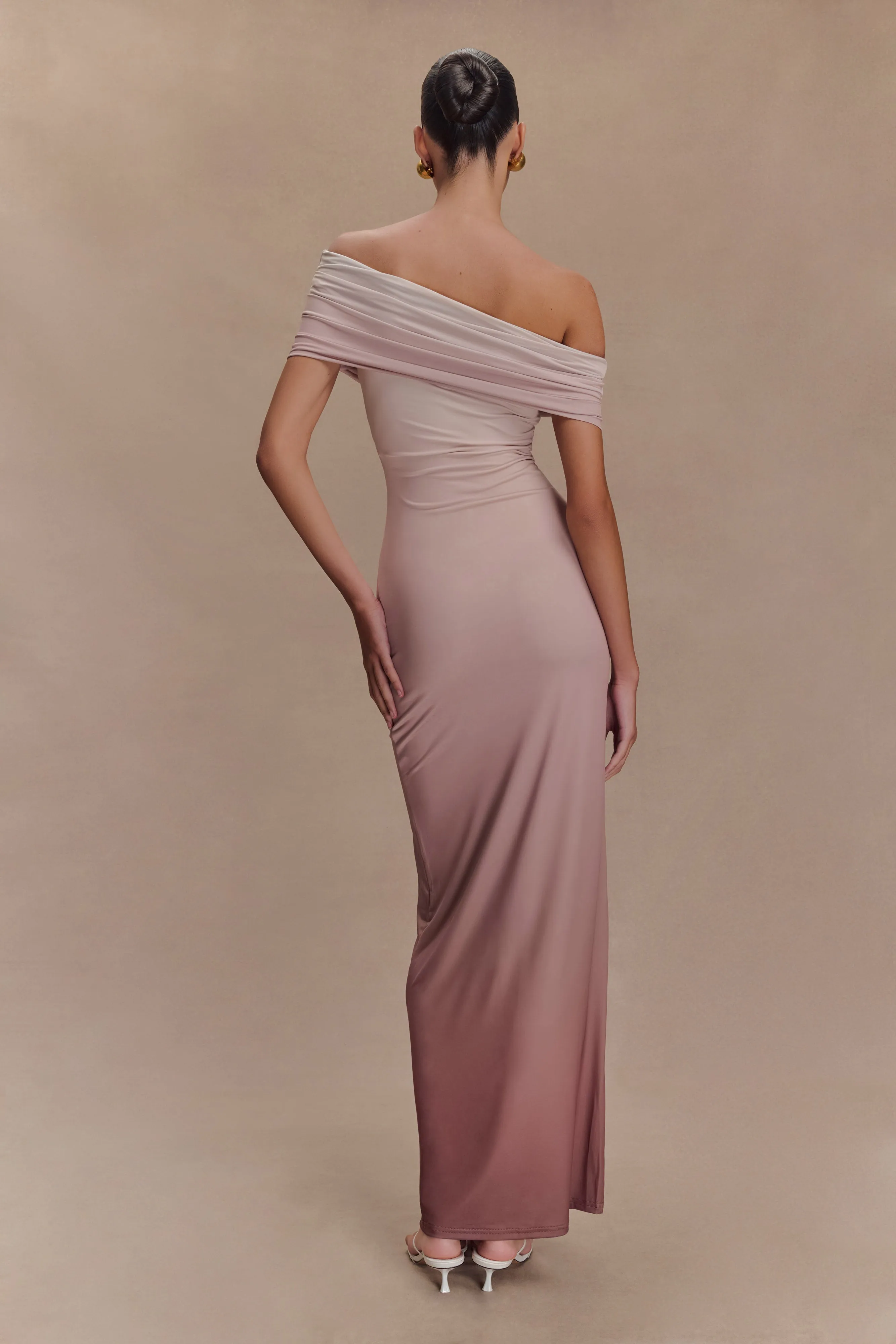 Cassandra Off Shoulder Slinky Maxi Dress - Neutral Ombre Luxe Touch