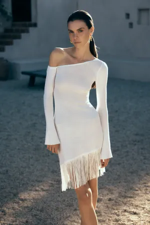 Pop Texture Smart and Elegant Kayden Fringe Off Shoulder Knit Mini Dress - Ivory