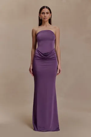 Madison Strapless Slinky Maxi Dress - Purple Pleat-Front