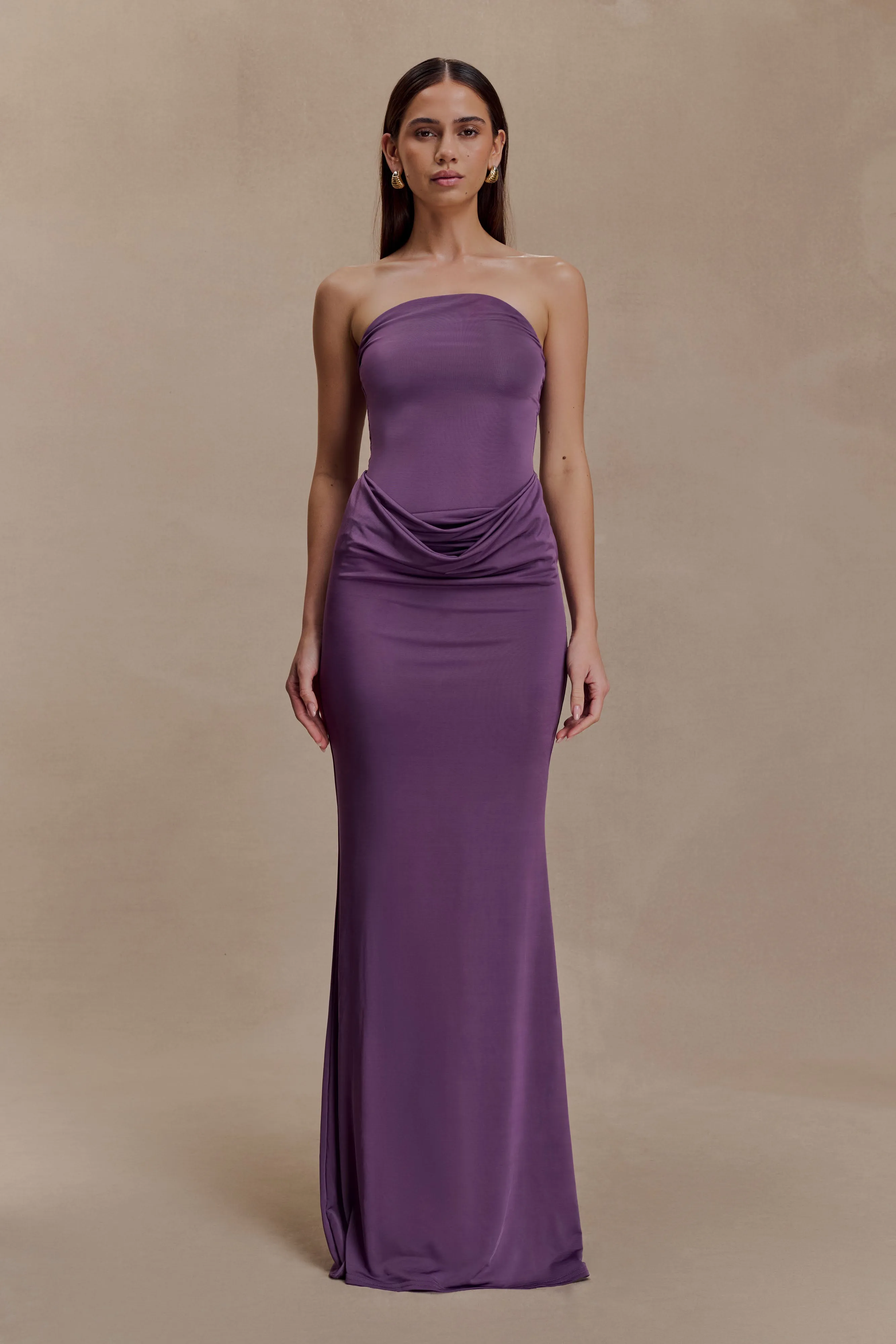 Madison Strapless Slinky Maxi Dress - Purple Pleat-Front