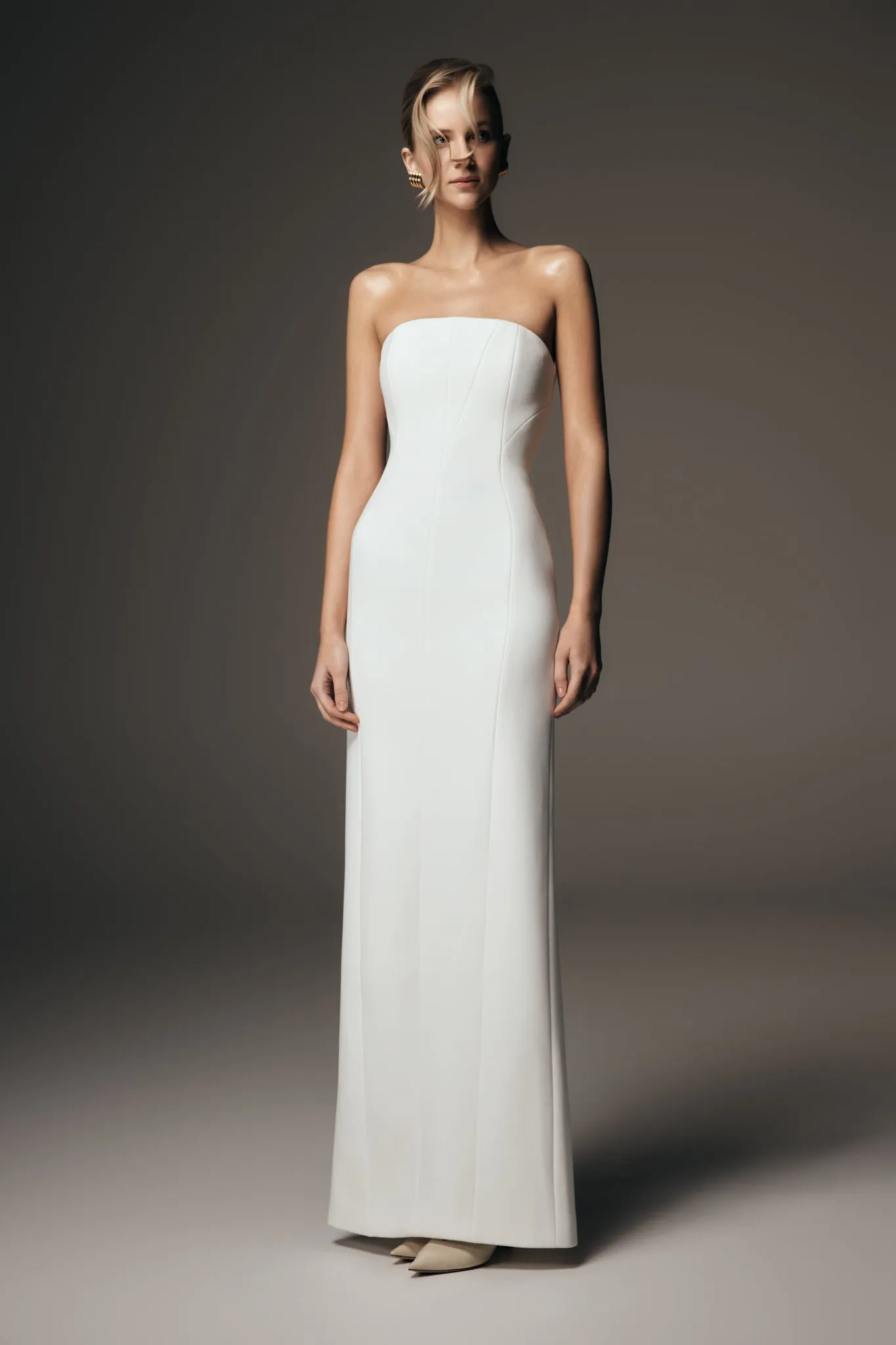 Elegant Fit Kalila Strapless Crepe Maxi Dress - White