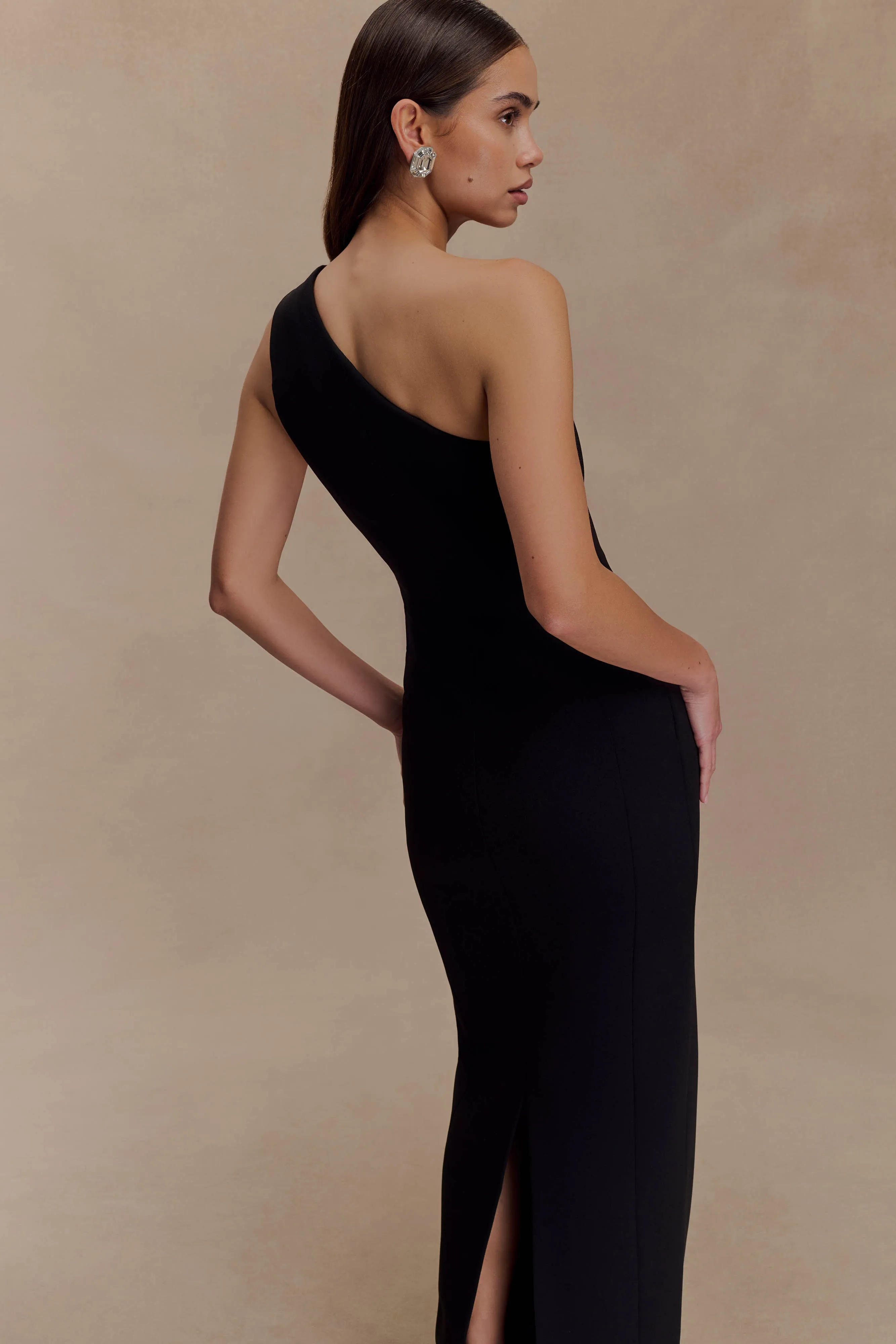 Delicate Details Milena One Shoulder Crepe Maxi Dress - Black