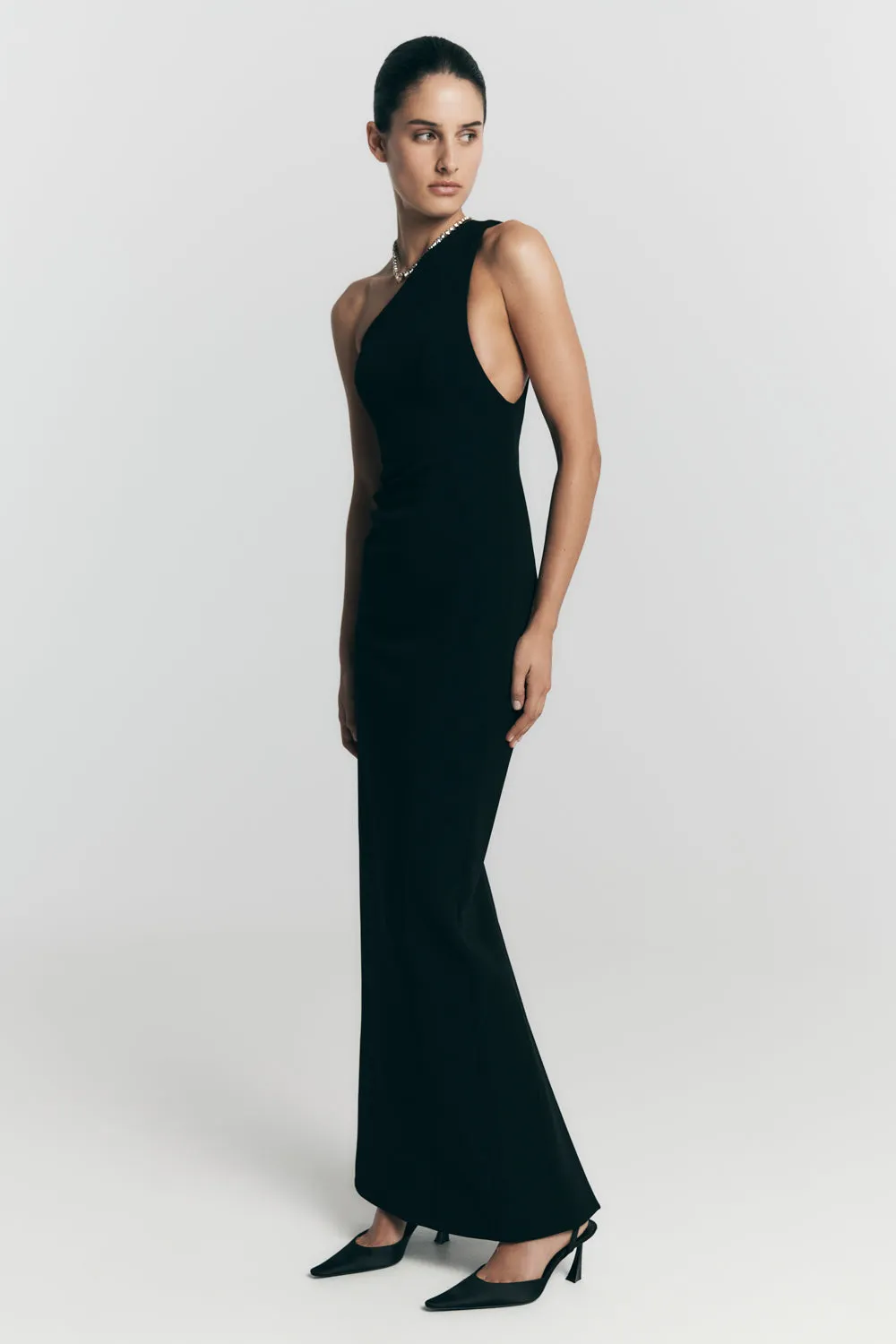 Milena One Shoulder Crepe Maxi Dress - Black Everyday Comfort Wear Fold-Over-Detail