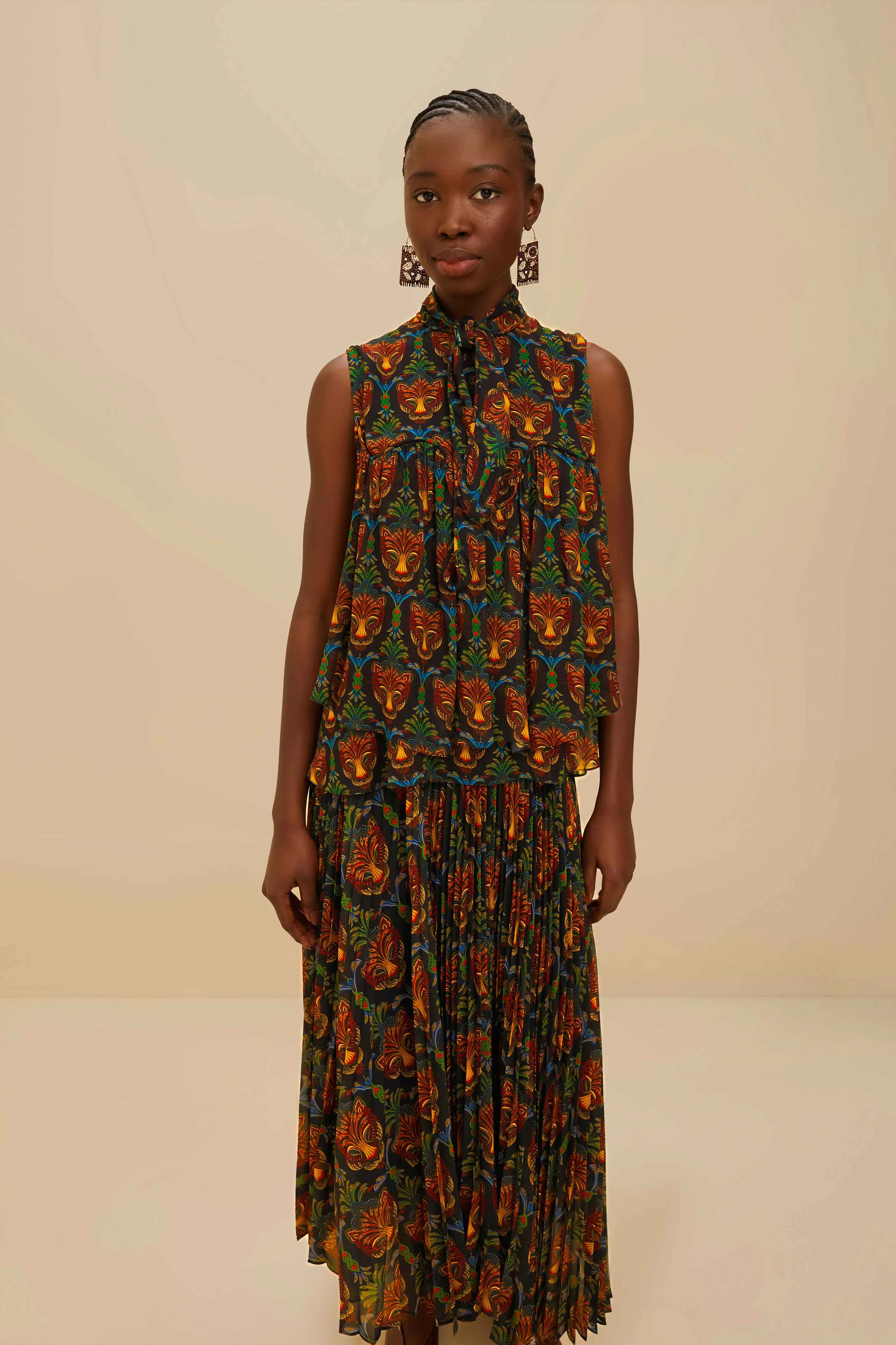 Spring Brunch Black Boho Panther Pleated Maxi Skirt