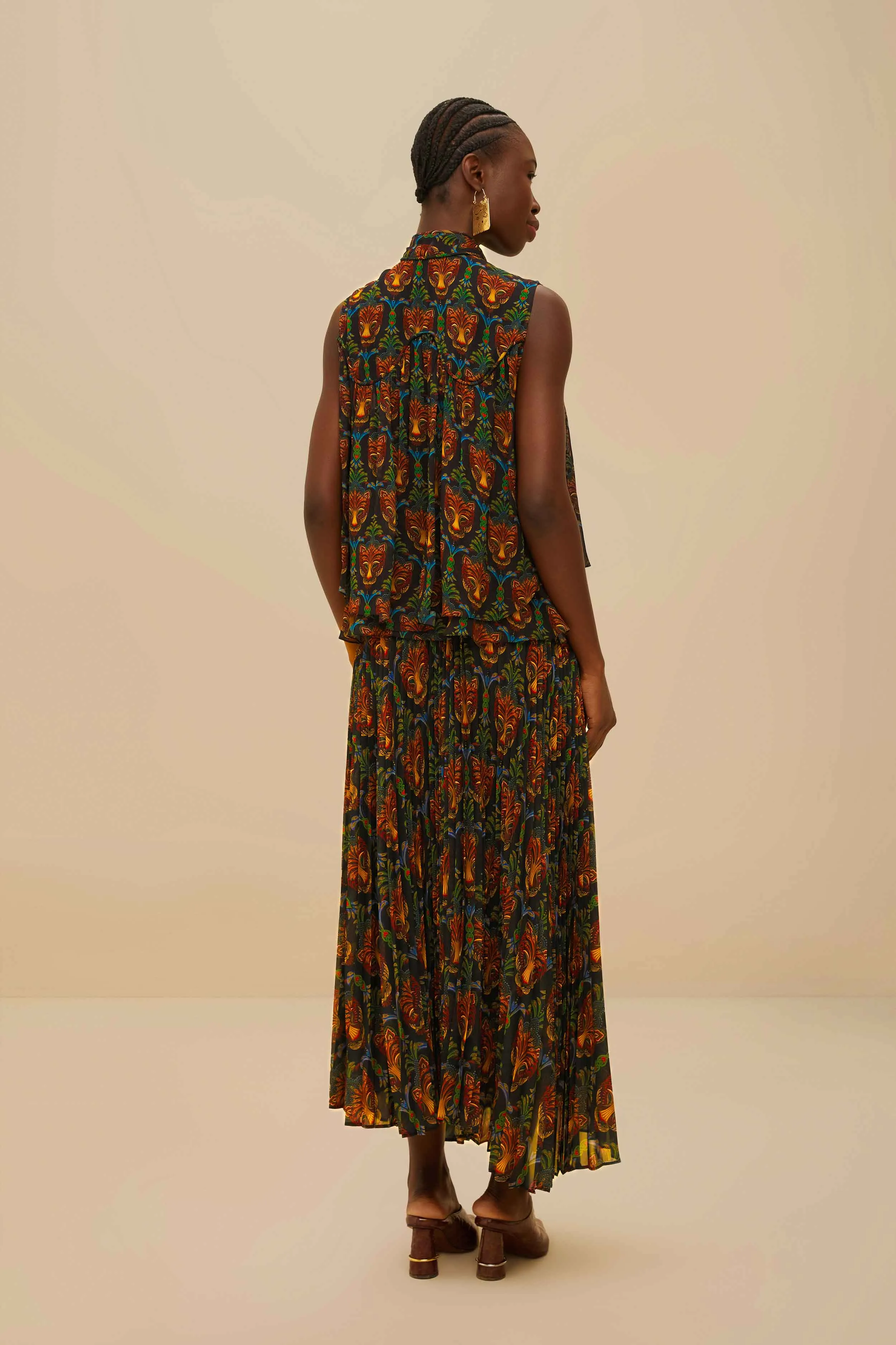 Black Boho Panther Pleated Maxi Skirt Knitted Fabric Breezy Fit