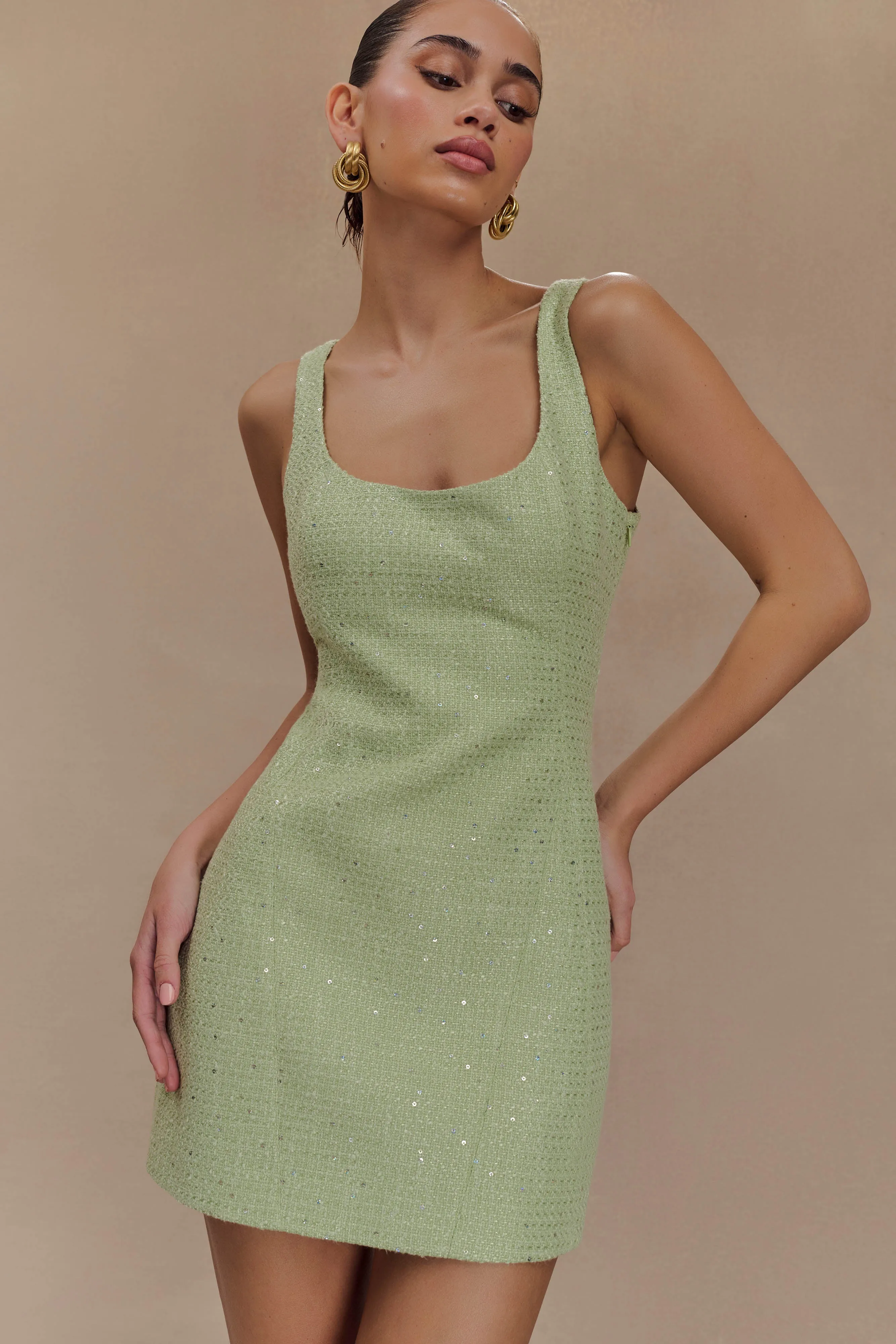 Beth Tweed Mini Dress - Pastel Green Subtle Drape Calm Mood