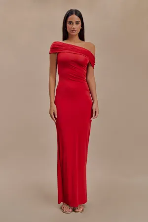 Cassandra Off Shoulder Slinky Maxi Dress - Red Stylish Feel