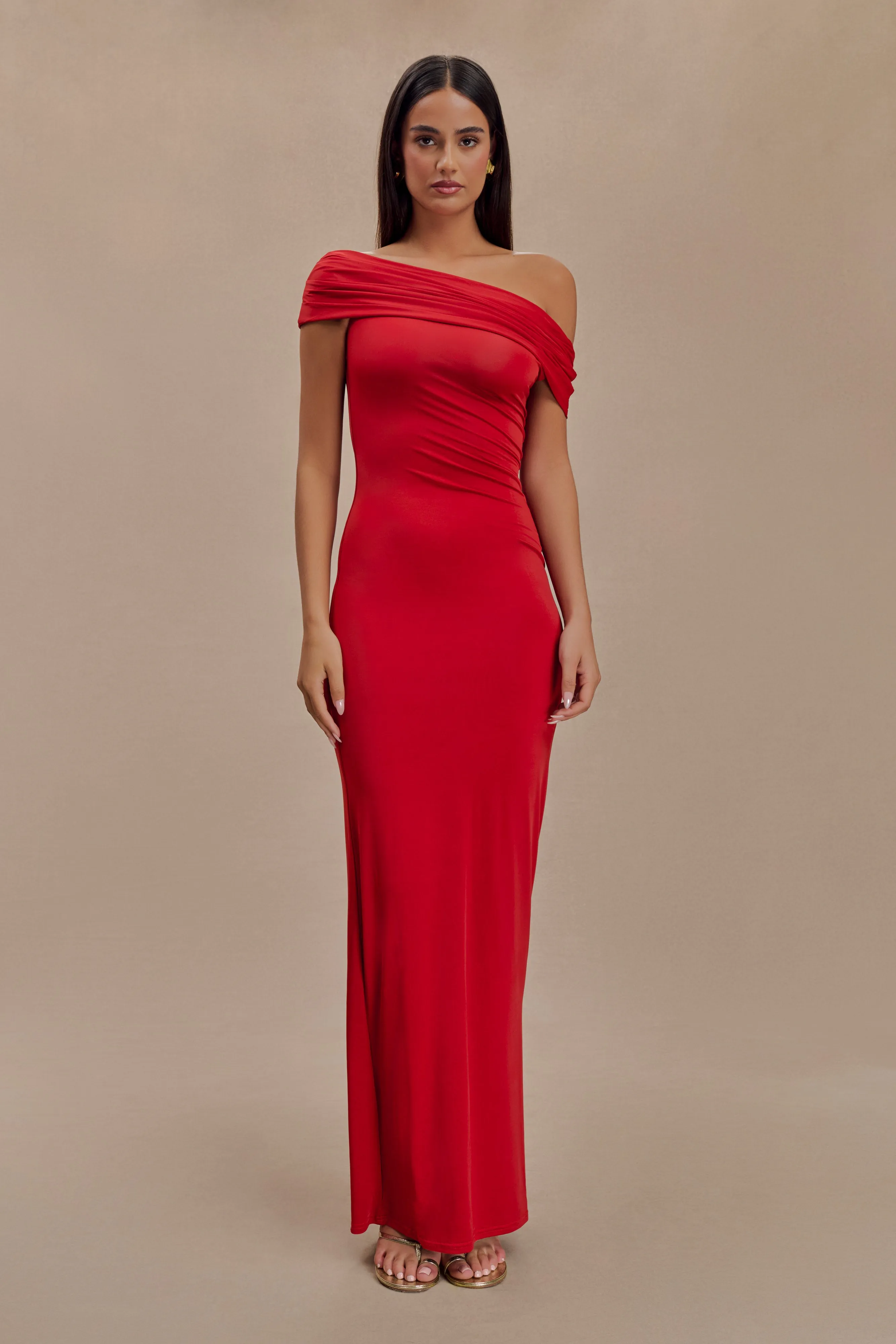 Cassandra Off Shoulder Slinky Maxi Dress - Red Stylish Feel
