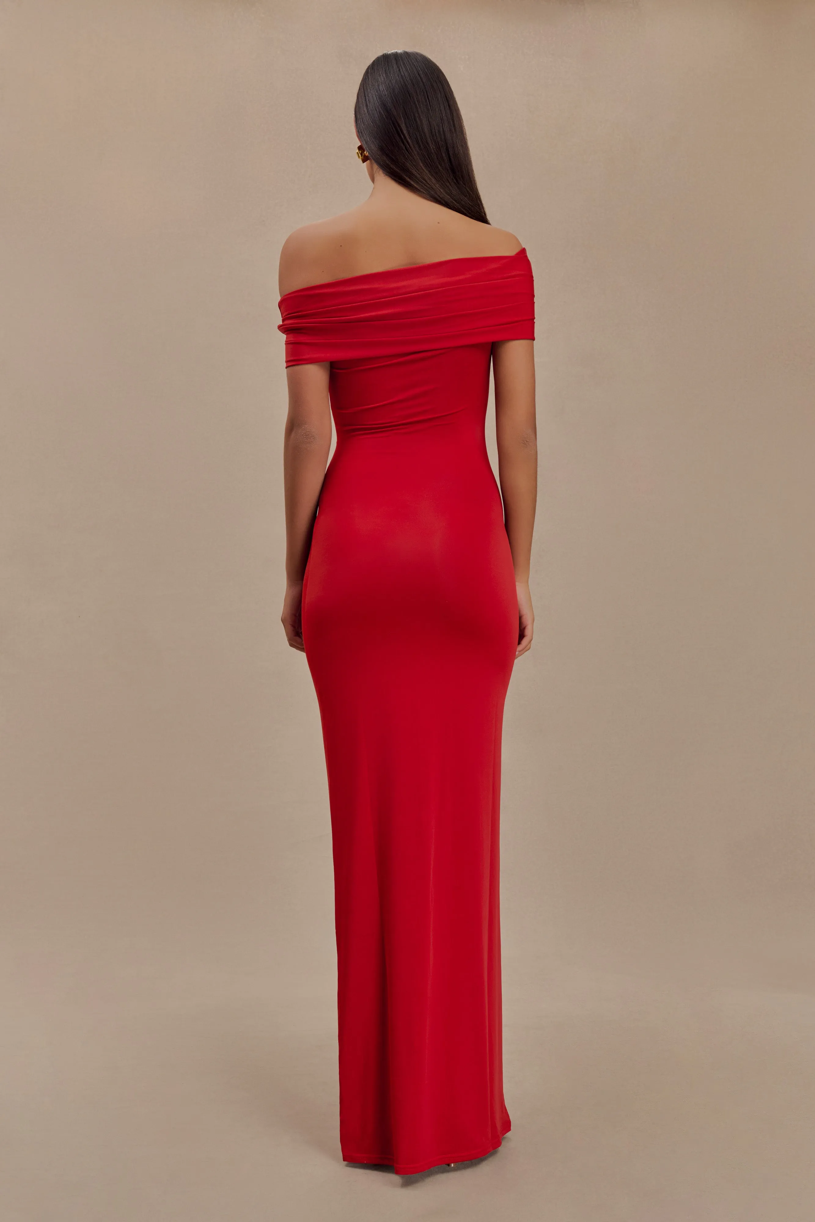 All-Day Wear Cassandra Off Shoulder Slinky Maxi Dress - Red