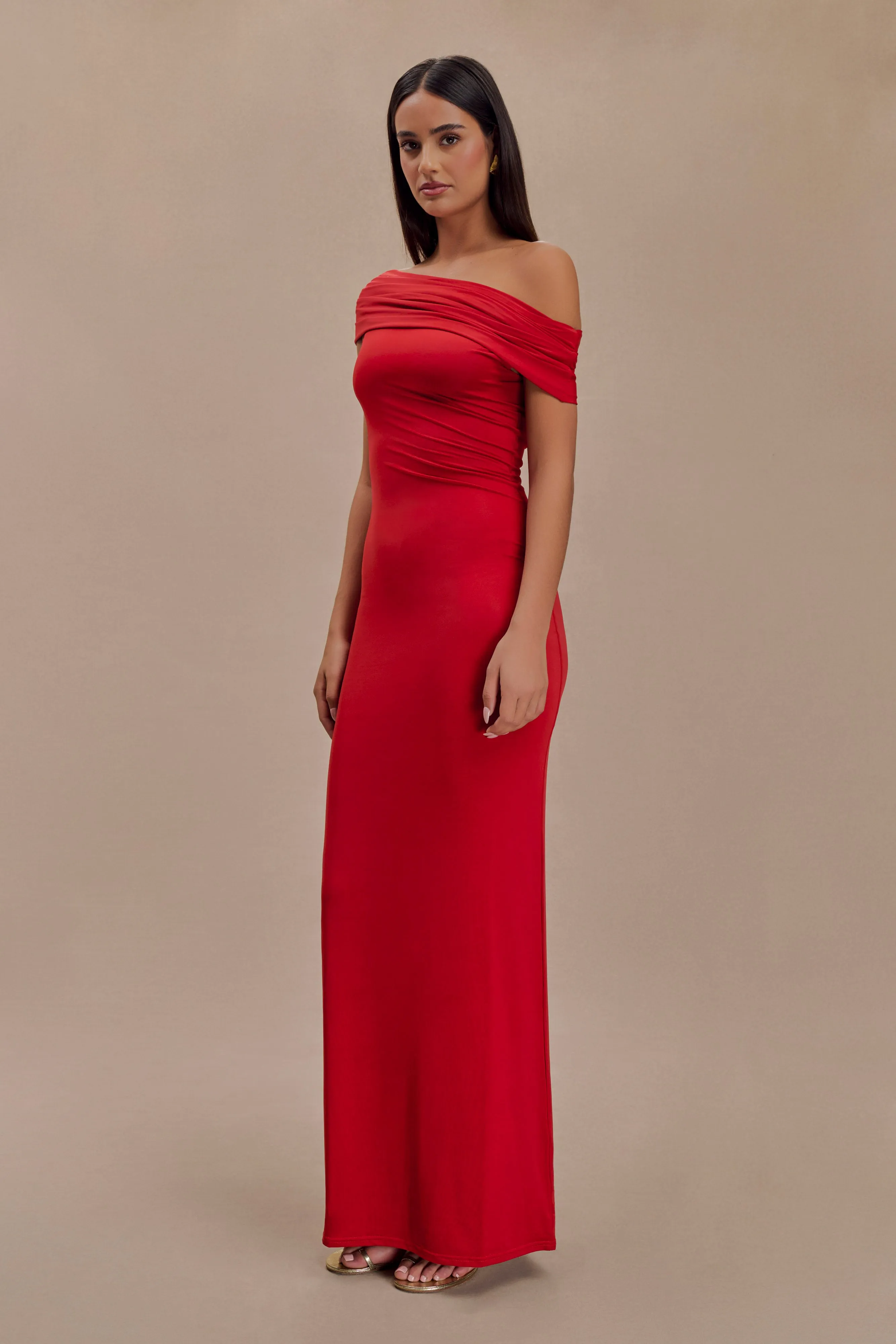 Guest Shine Cassandra Off Shoulder Slinky Maxi Dress - Red