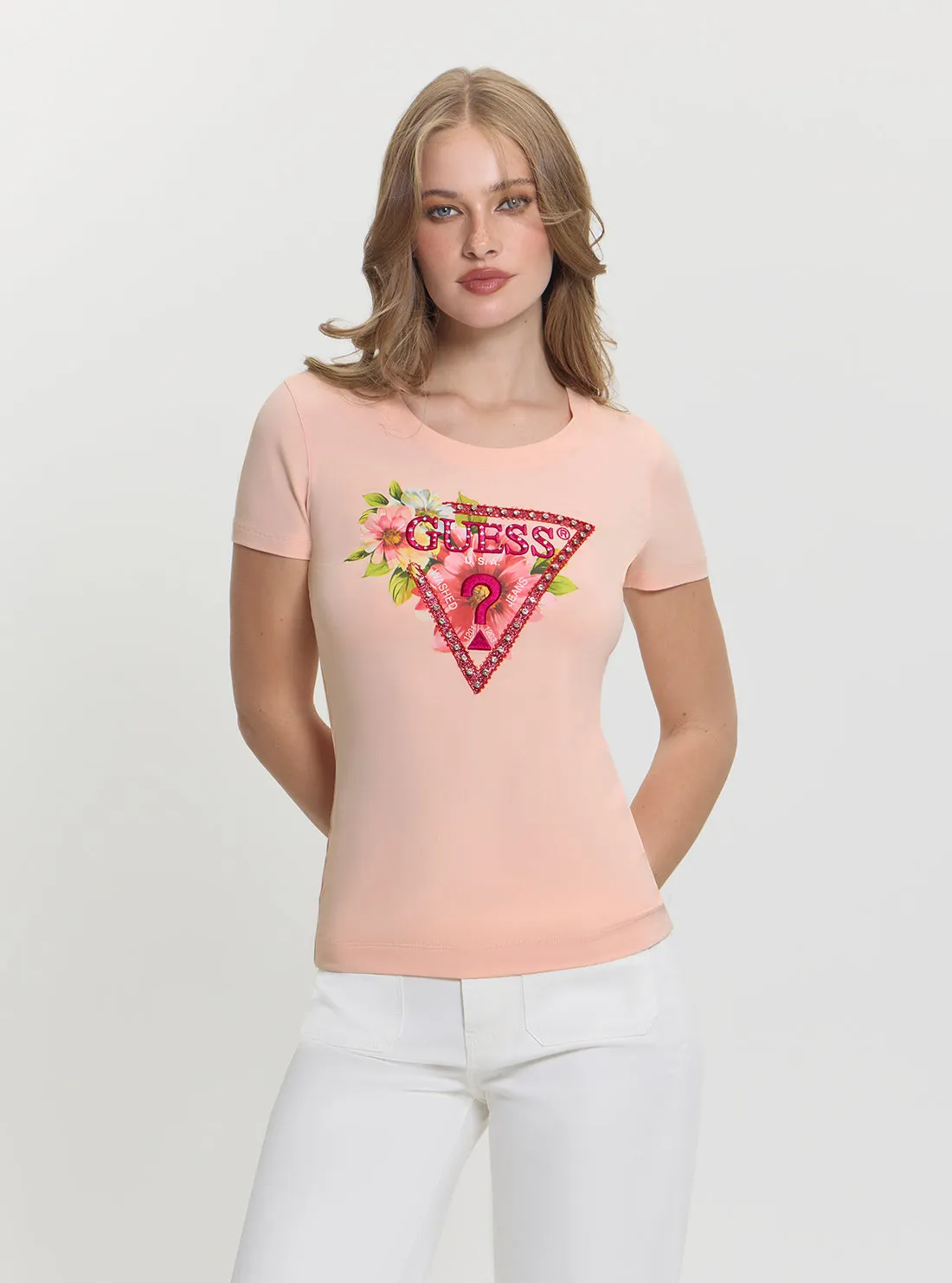 Chilly Day Wear Pink Triangle Logo Beads T-Shirt