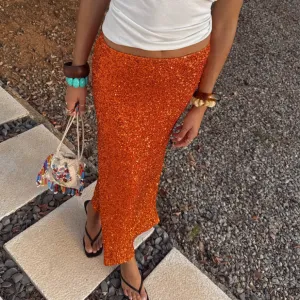 Classic Touch Stretchable Waist Orange Sequin Dorris Skirt