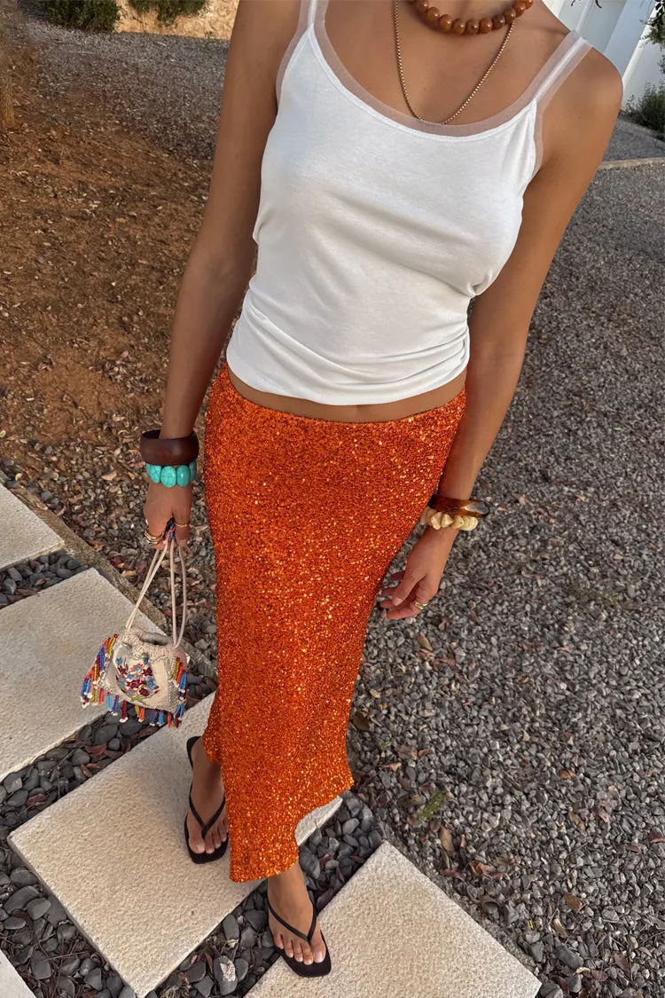 Orange Sequin Dorris Skirt Geometric Print