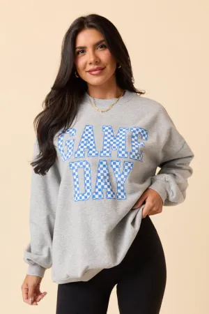 Checkered Blue Game Day Light Grey Graphic Sweatshirt SALE Comfy Outerwear