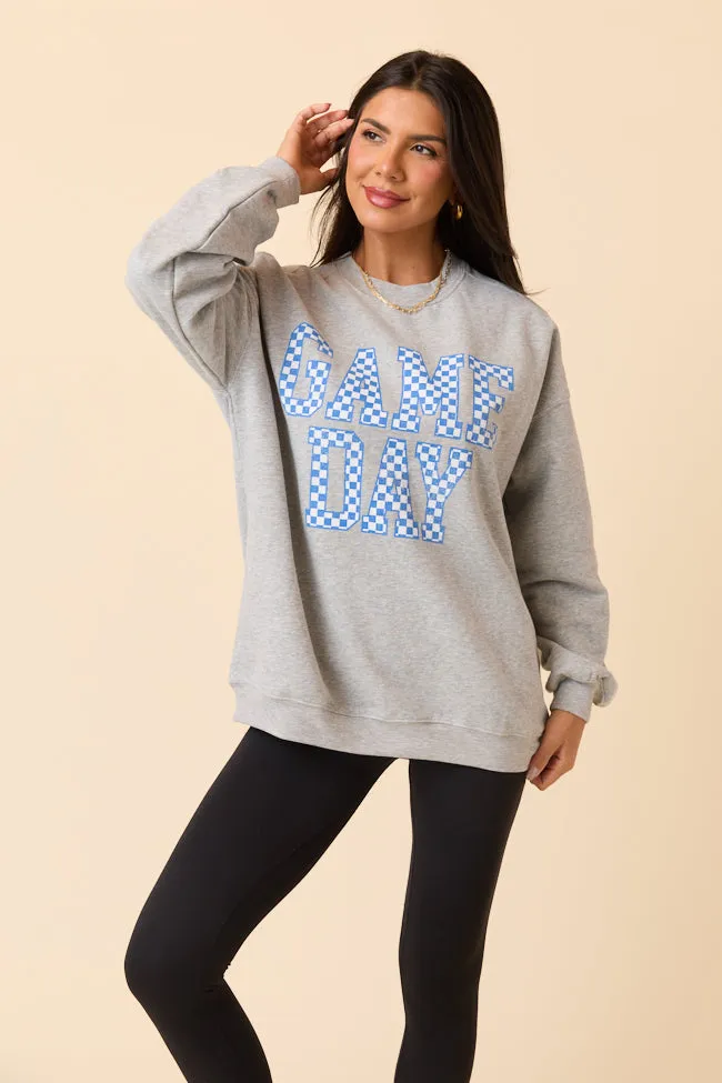 Checkered Blue Game Day Light Grey Graphic Sweatshirt SALE Core Comfort