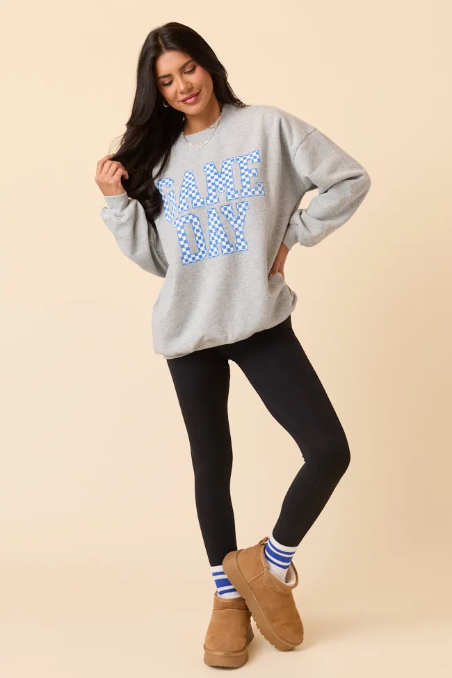 Checkered Blue Game Day Light Grey Graphic Sweatshirt SALE Autumn Wear