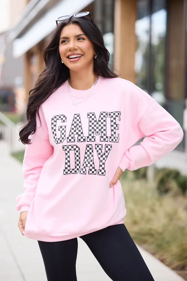 Hooded Cozy Texture Checkered Game Day Light Pink Graphic Sweatshirt