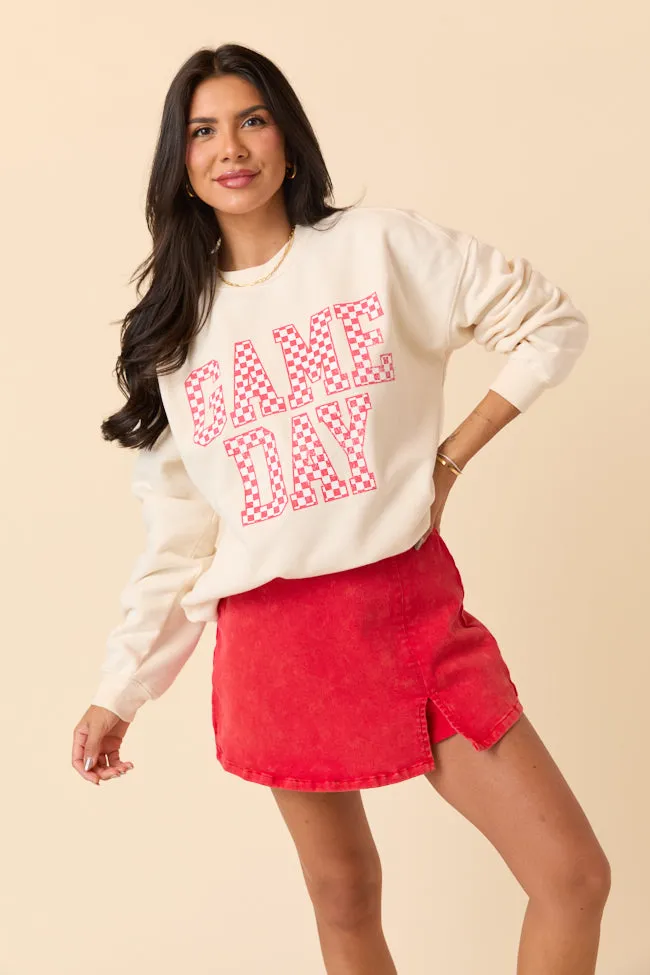 Checkered Red Game Day Cream Graphic Sweatshirt Two-Tone Design