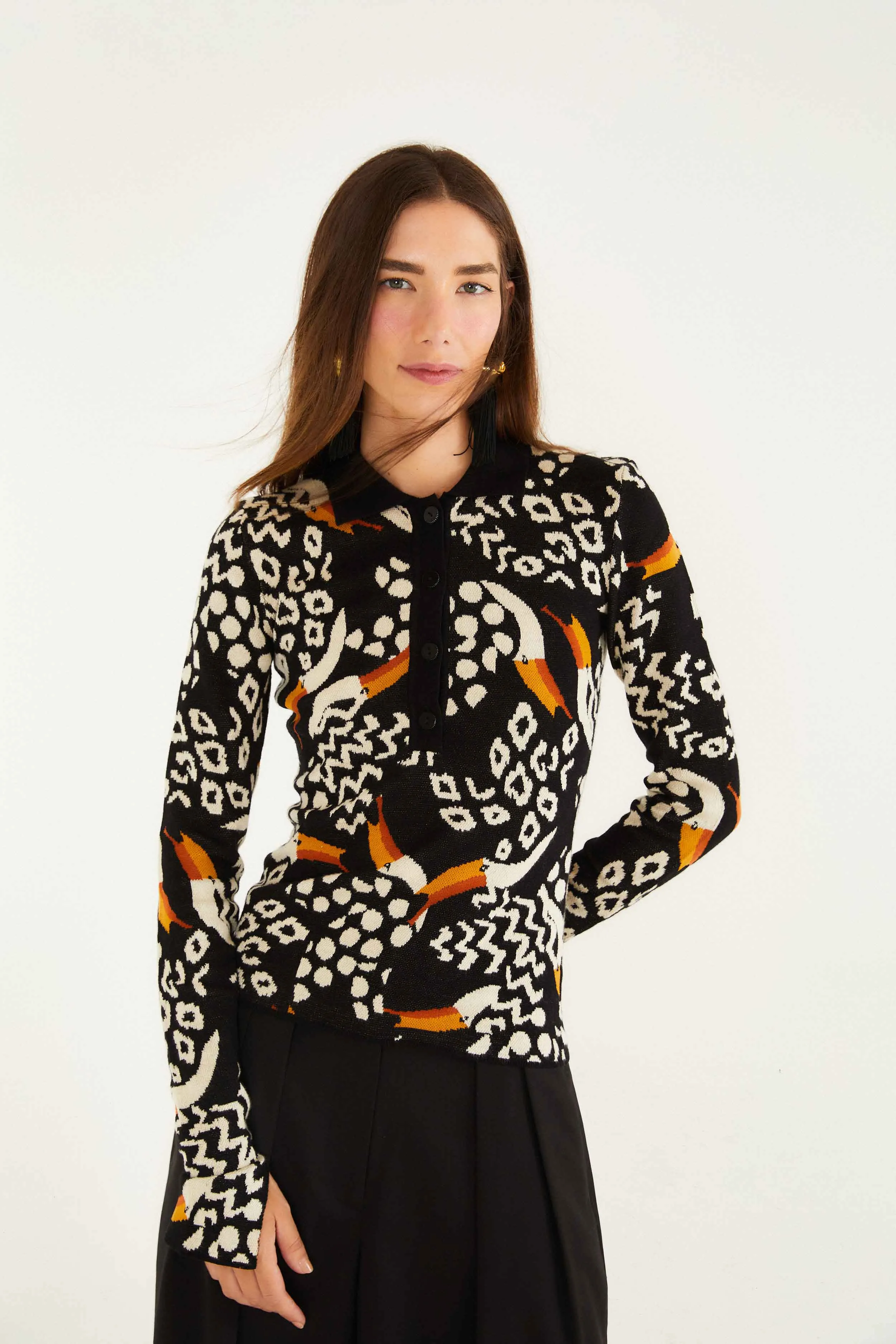 DoubleLayered Reflective Safety Accents Black Tucanissimo Long Sleeve Polo Knit Top