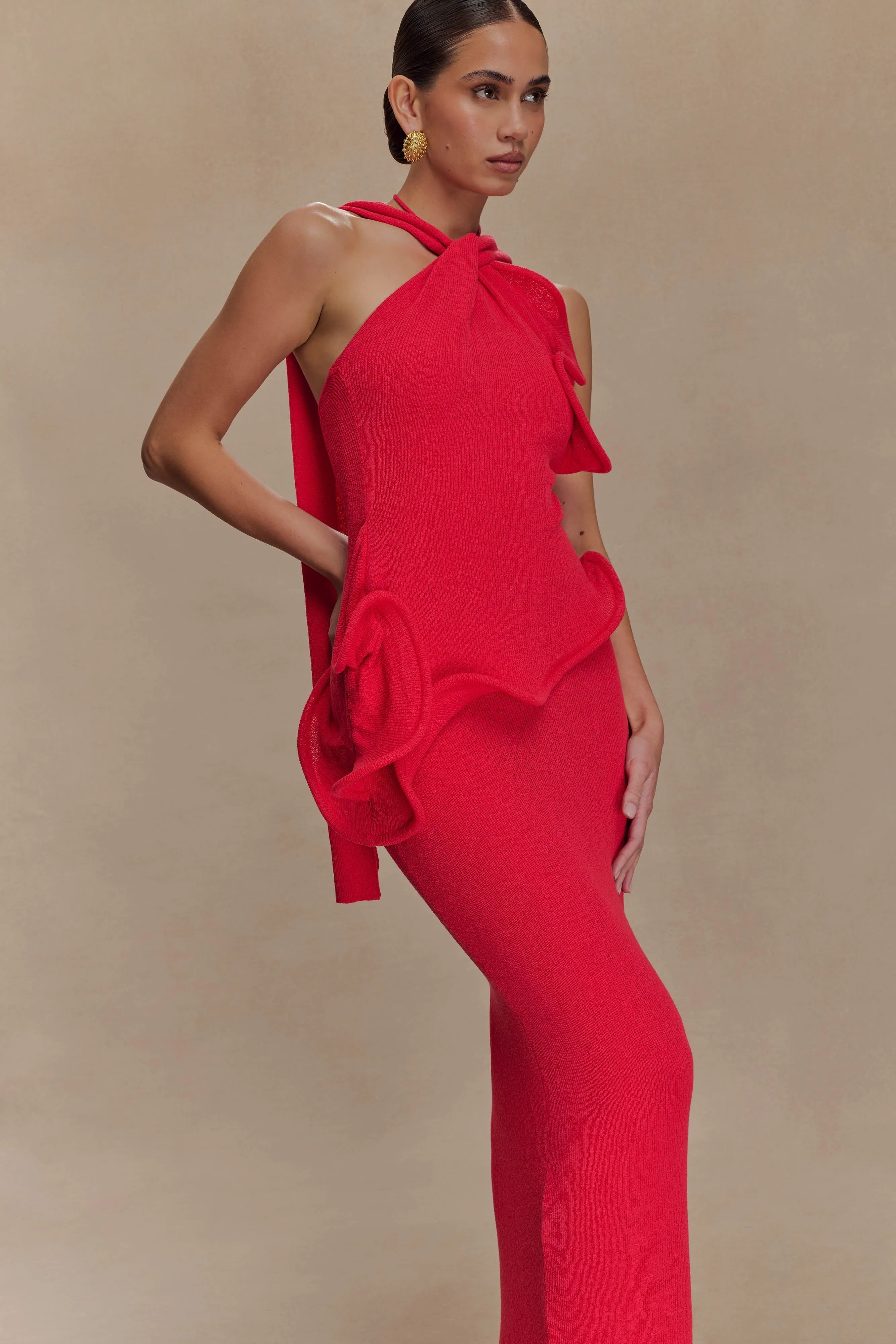 Caprice Halter Knit Maxi Dress - Red Summer Outfit
