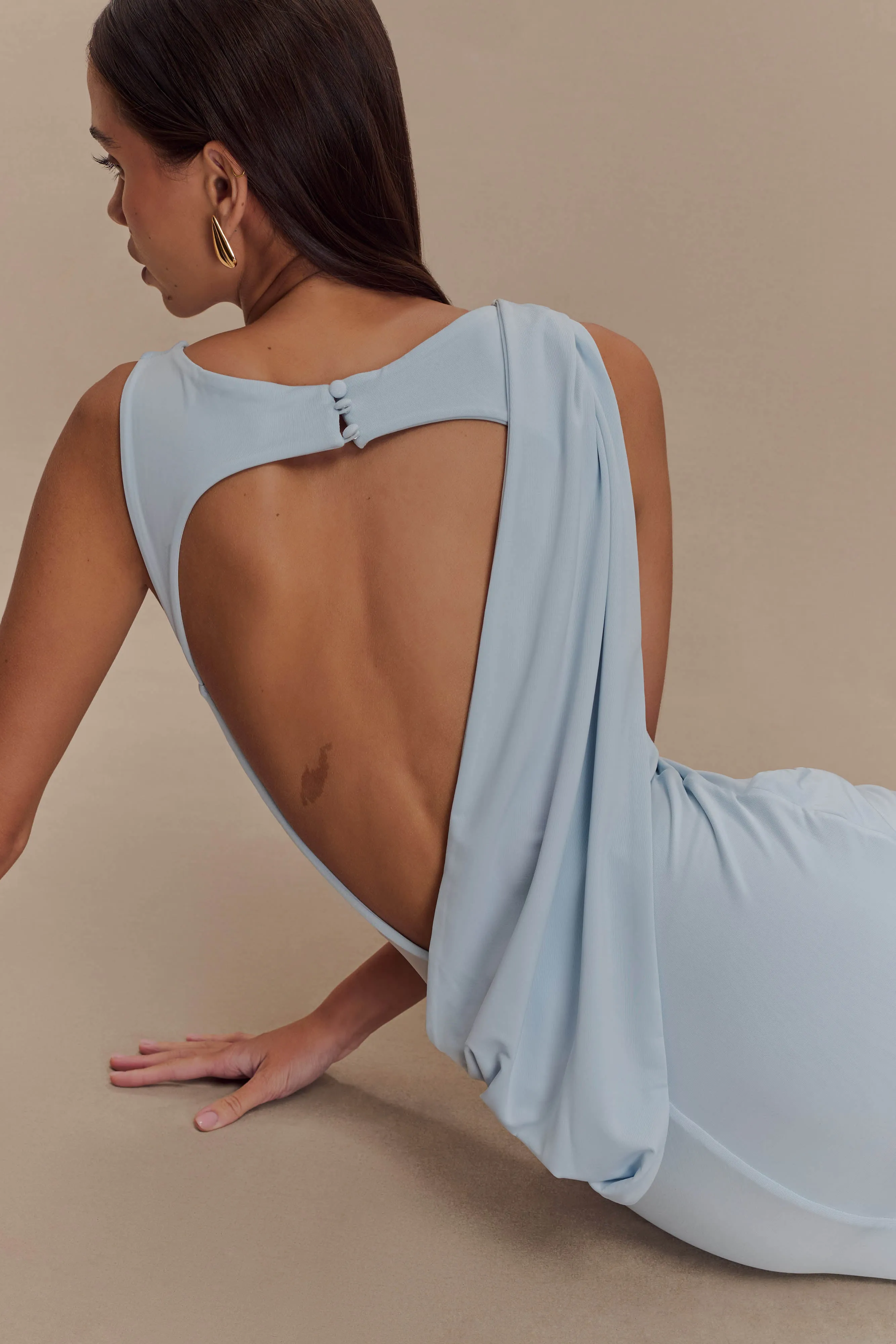 Empire Waist Henley Slinky Drape Maxi Dress - Pale Blue
