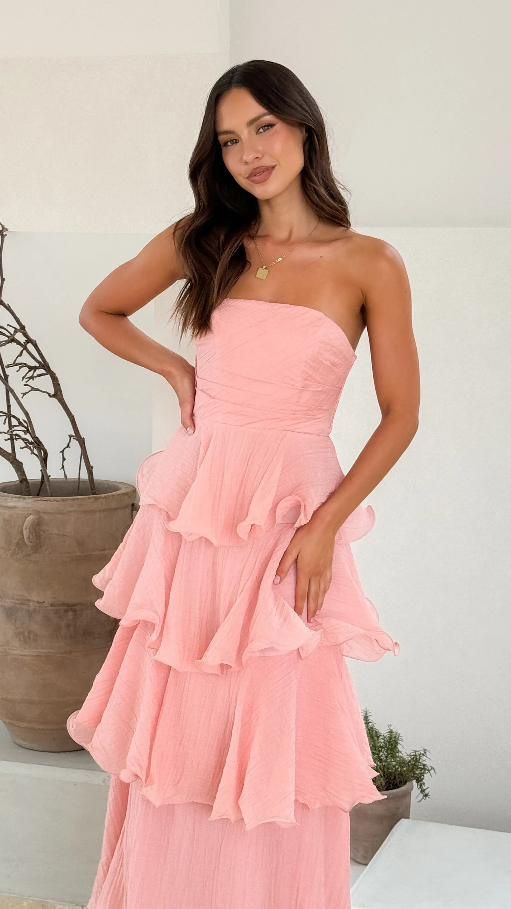 Lanica Maxi Dress - Pink Flowing Lines Feminine fit-and-flare silhouette