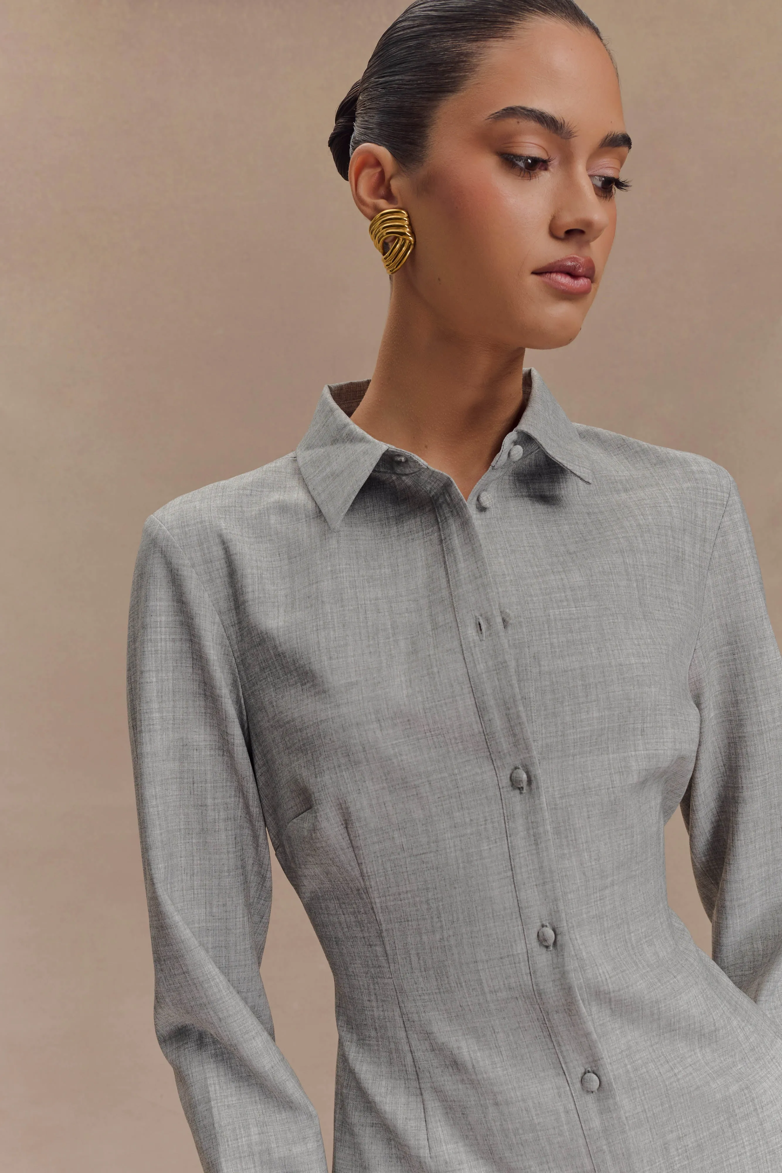 Dorian Fitted Shirt Mini Dress - Charcoal Marle LightweightMaterial