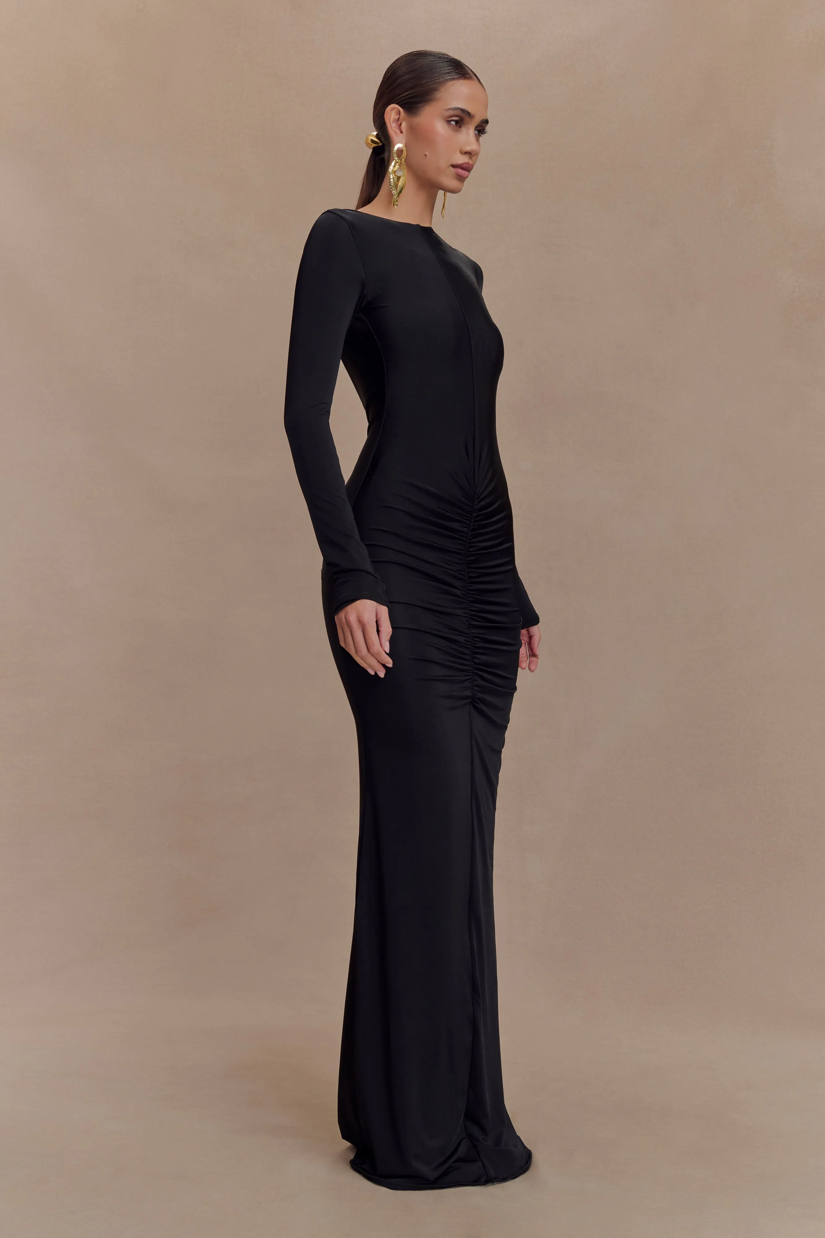 Night Appeal Louisa Long Sleeve Slinky Maxi Dress - Black