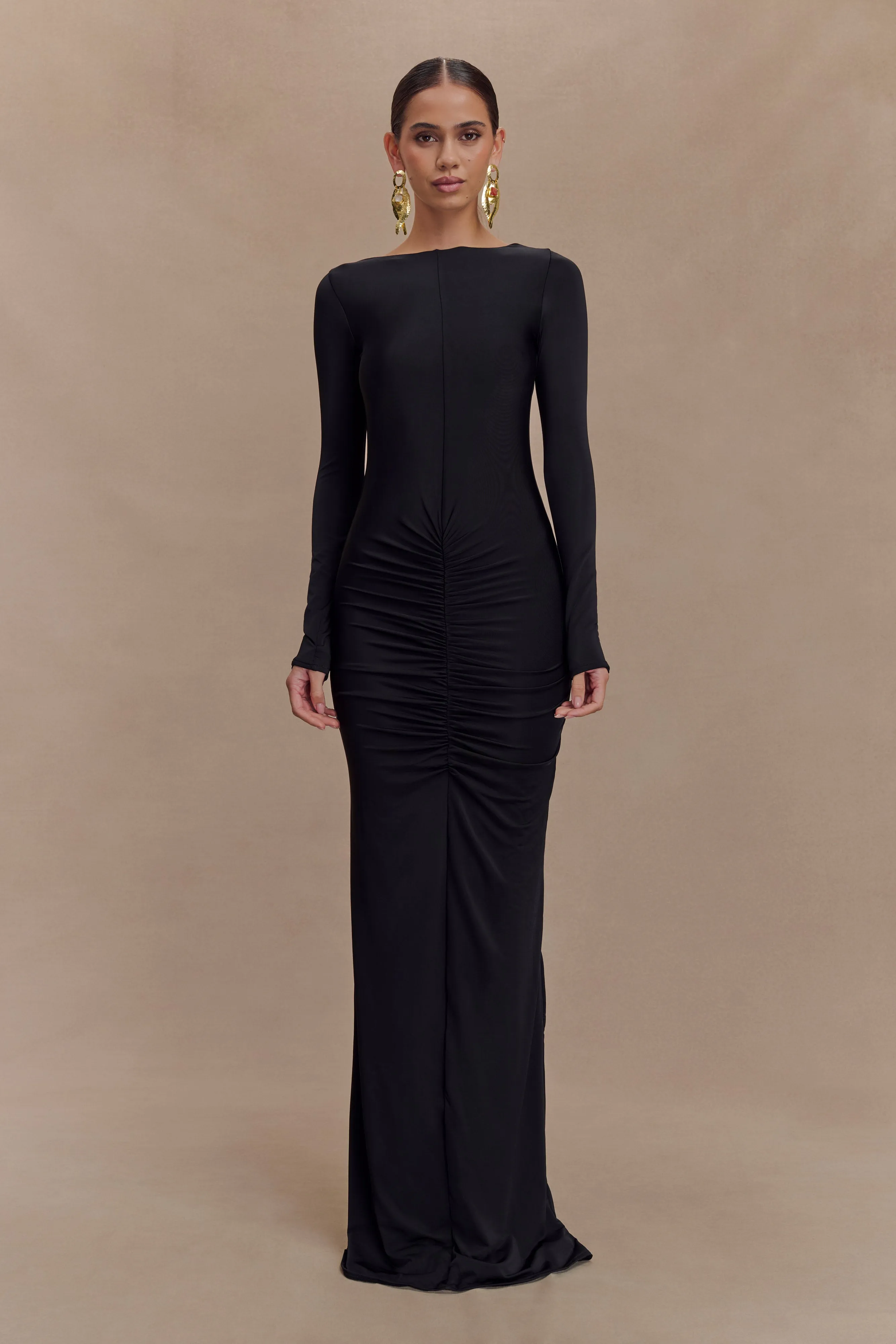 Comfortable Look Louisa Long Sleeve Slinky Maxi Dress - Black