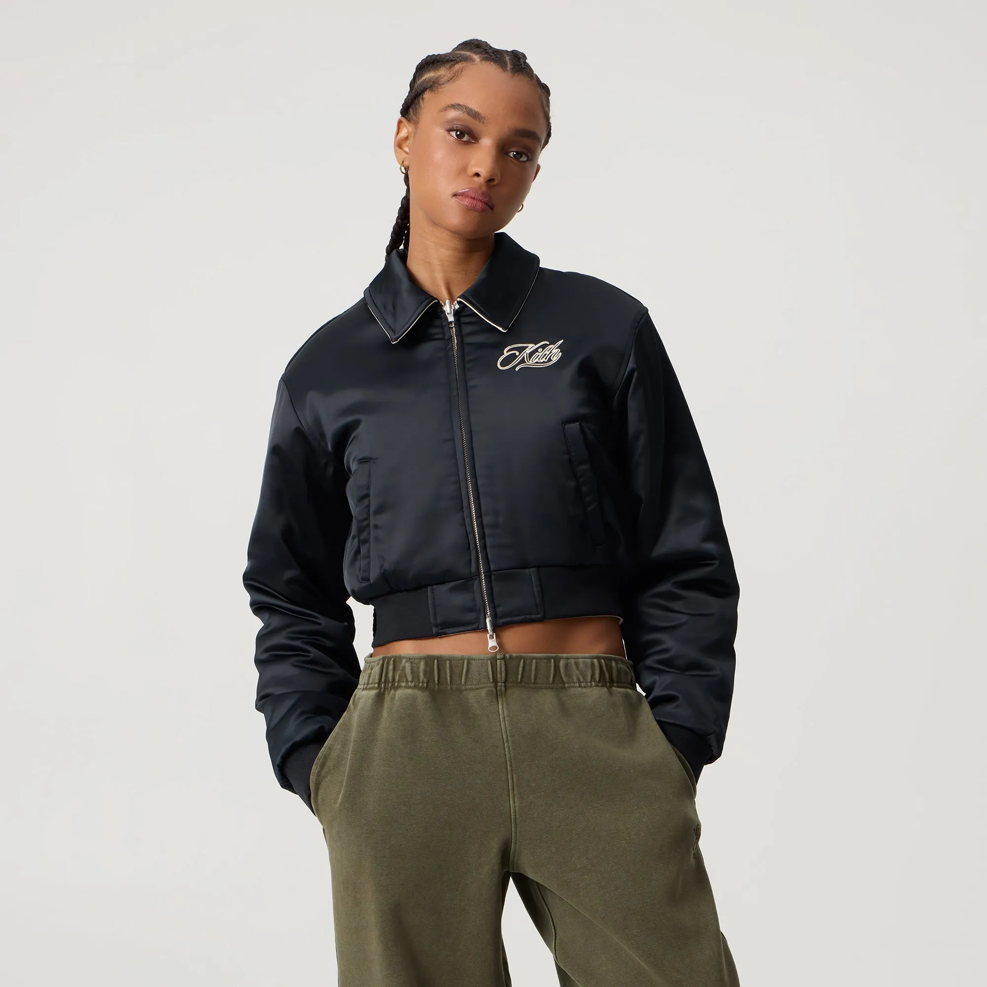 Long Length Kith Women Reversible Landry IV Cropped Bomber Jacket - Black