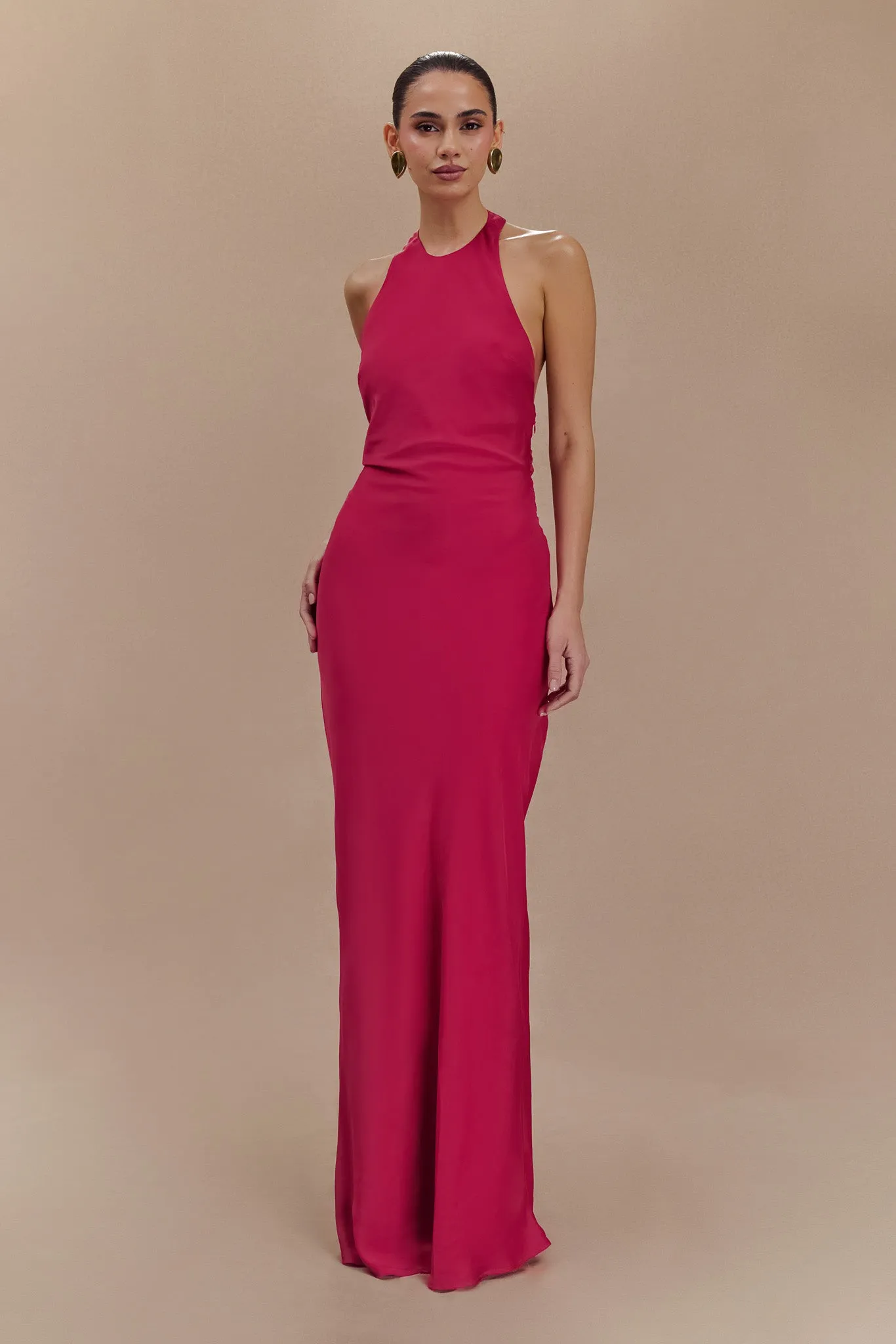 Rinna Satin Halter Maxi Dress - Pink Cherry Tassel-Detail