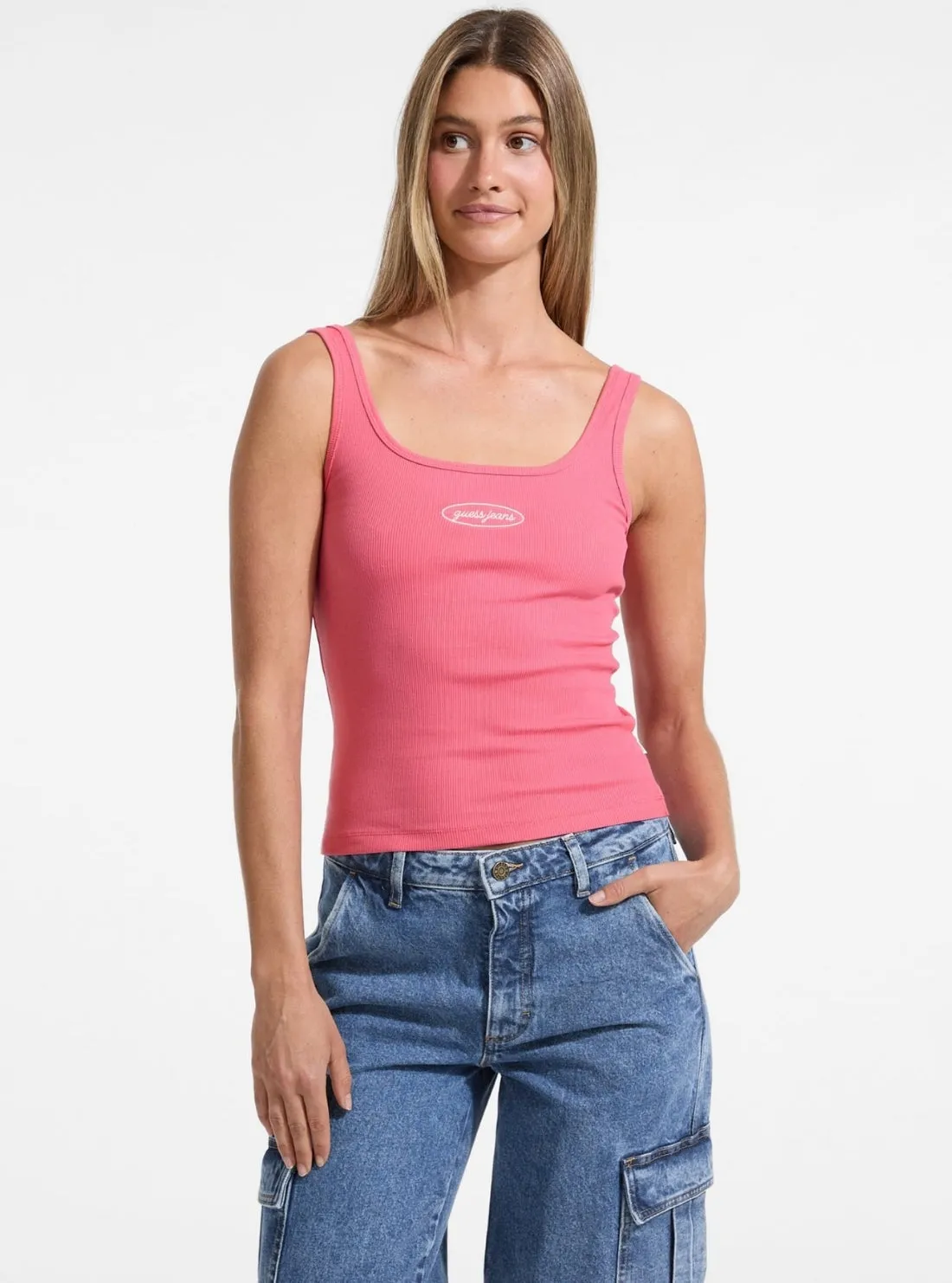 EcoFriendly Dye Soft Lining Guess Jeans Pink Embroidered Logo Tank Top