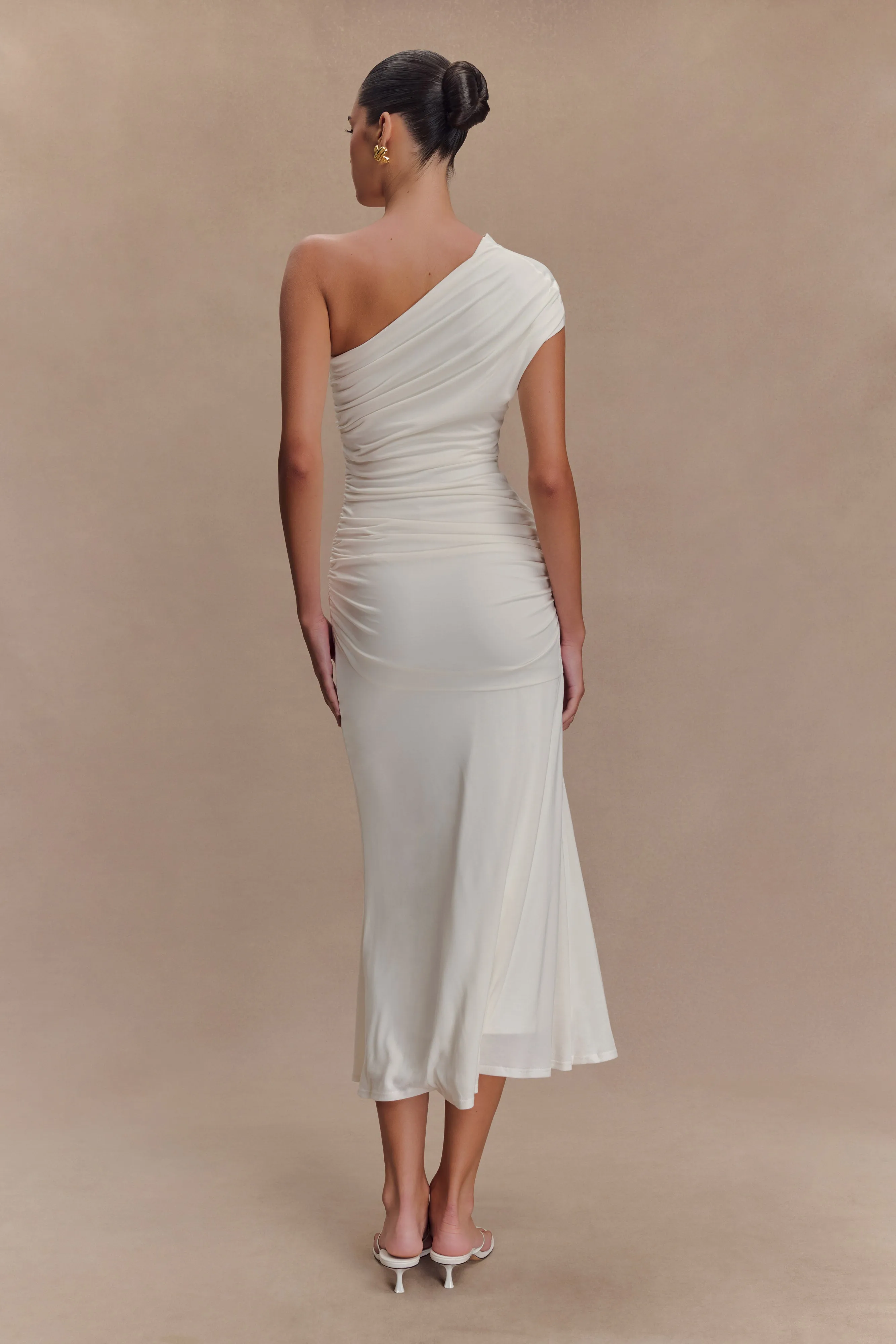 Chloe Peached Jersey One Shoulder Midi Dress - Ivory Flattering Design Office Shape