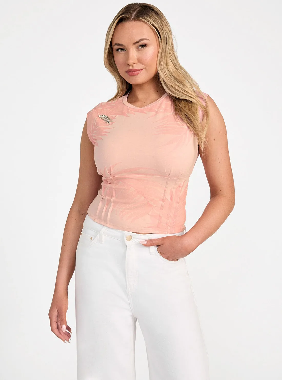 Eco Pink Palm Leaf Corset T-Shirt Recycled Polyester Vegan