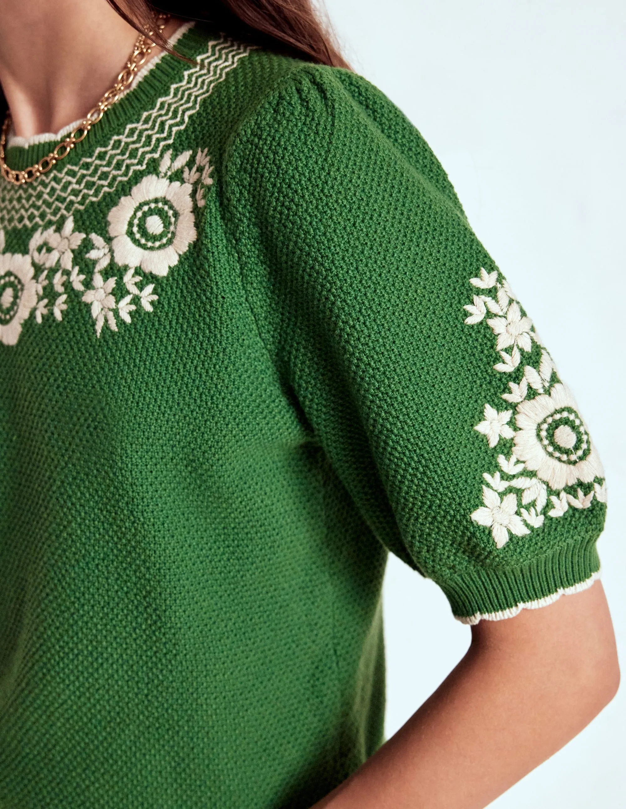 Puff Sleeve Embroidery T-shirt-Paradise Green Butter Soft Yarn