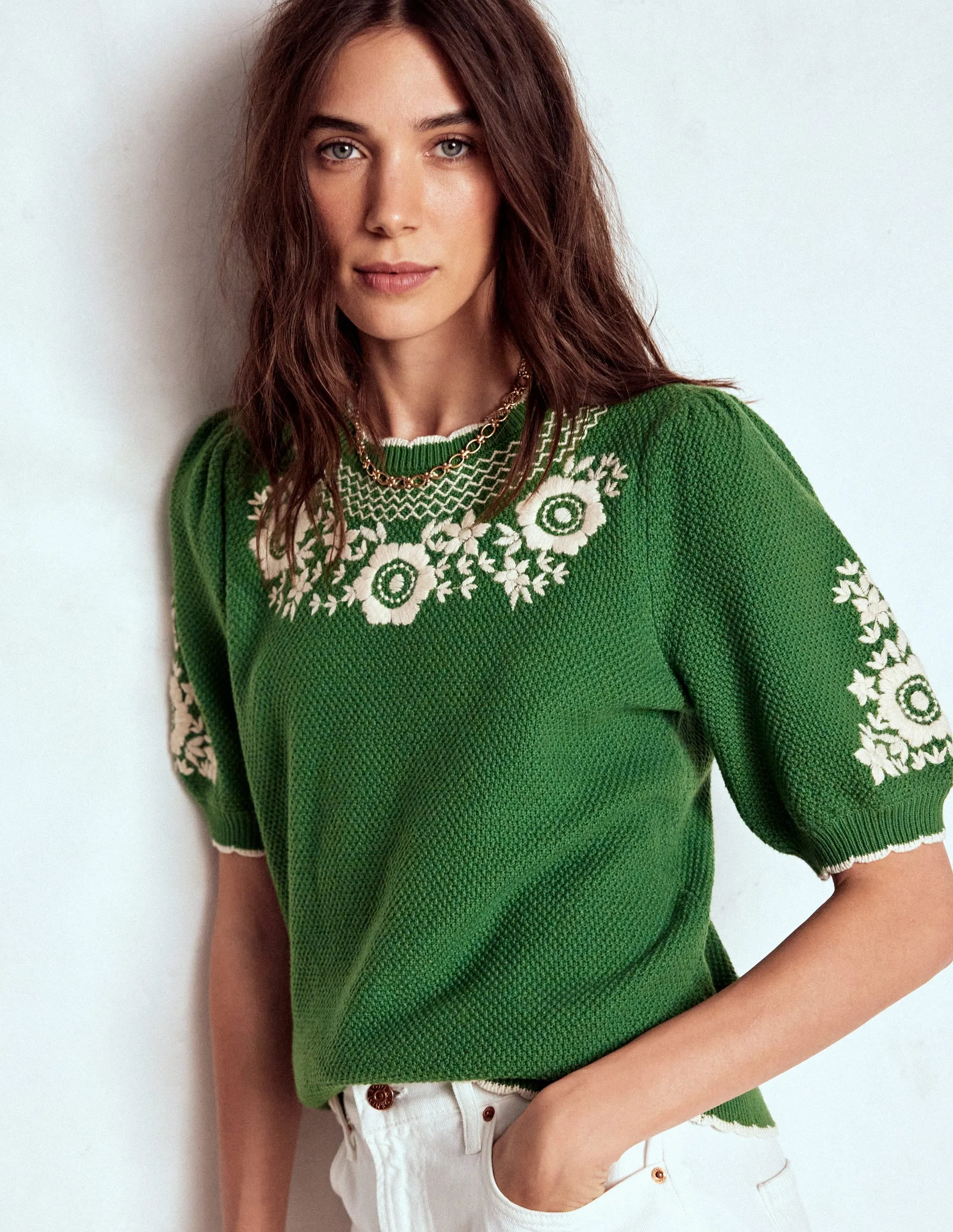 Puff Sleeve Embroidery T-shirt-Paradise Green Layered Knit Design