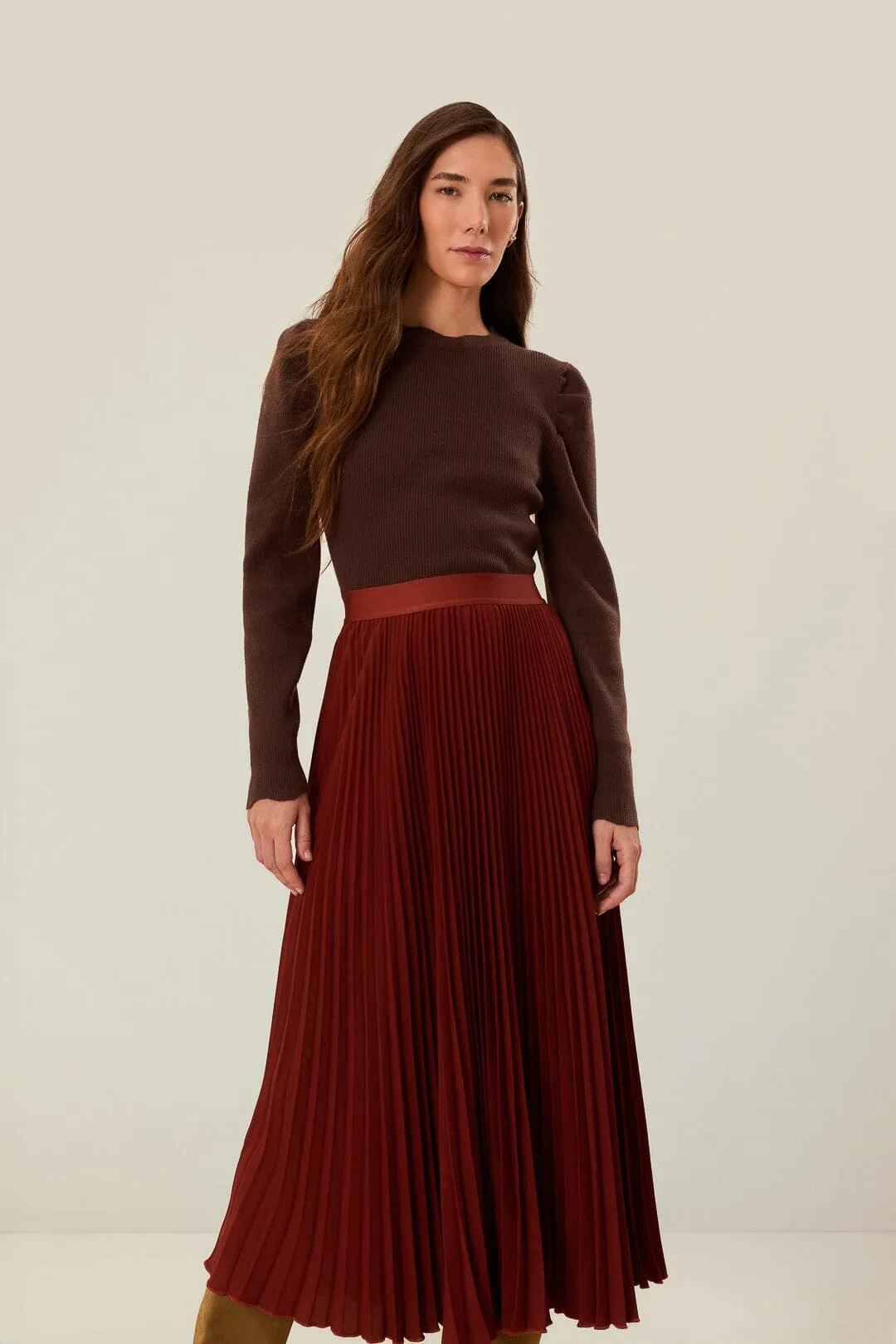Chill Feel Red Carpet Look Brown Pleated Maxi Skirt