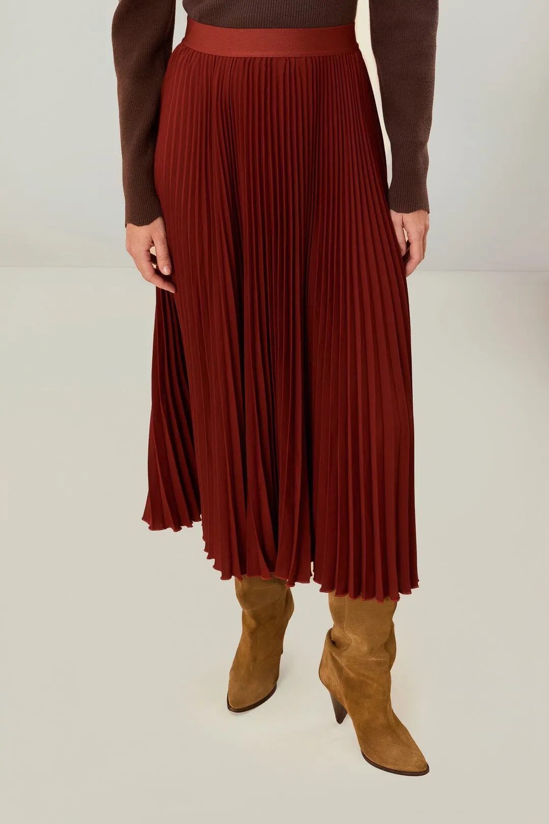 Suede Feel Lightweight texture Brown Pleated Maxi Skirt