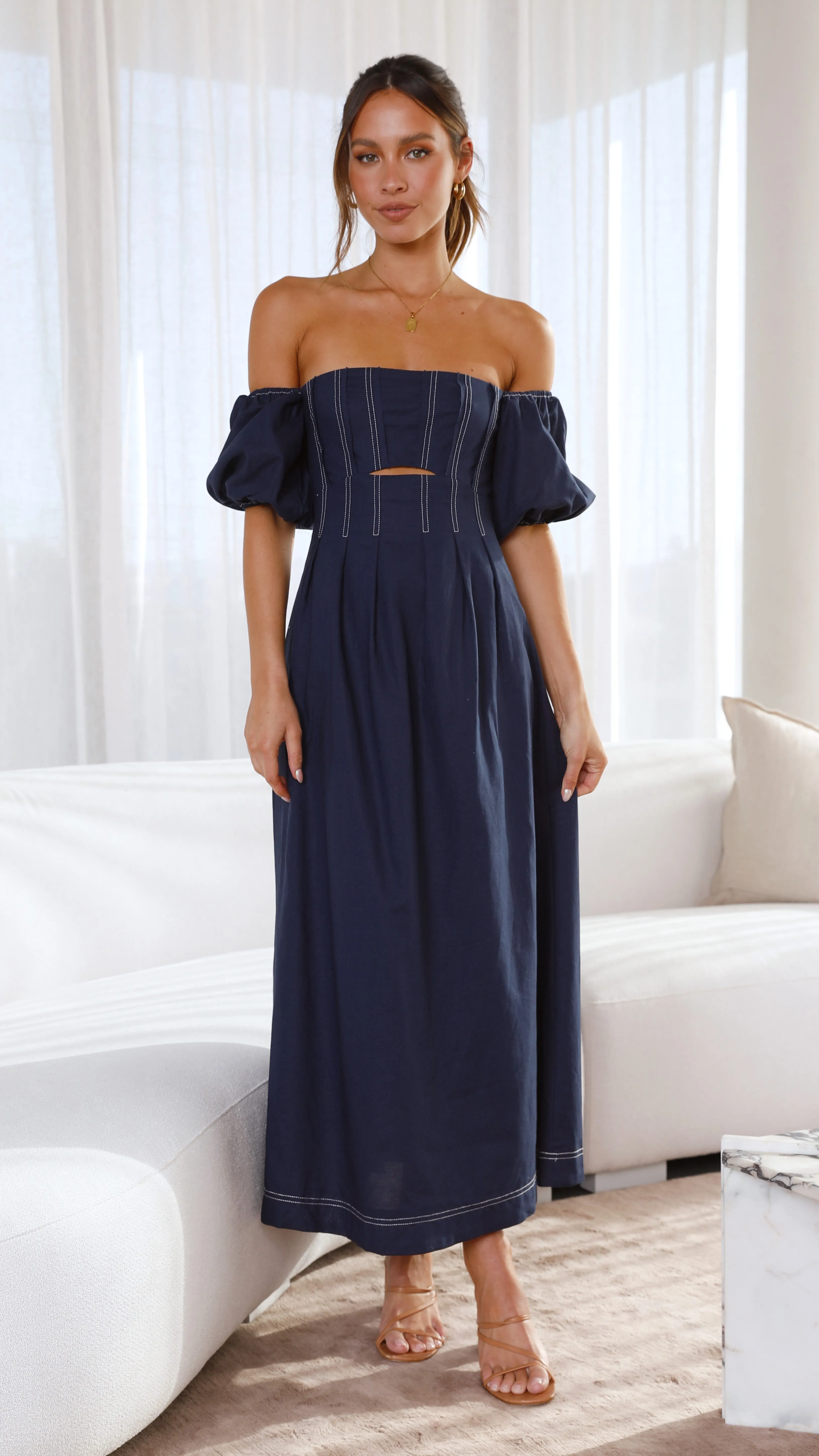 Claira Midi Dress - Navy Clean Chic Sheer Overlay