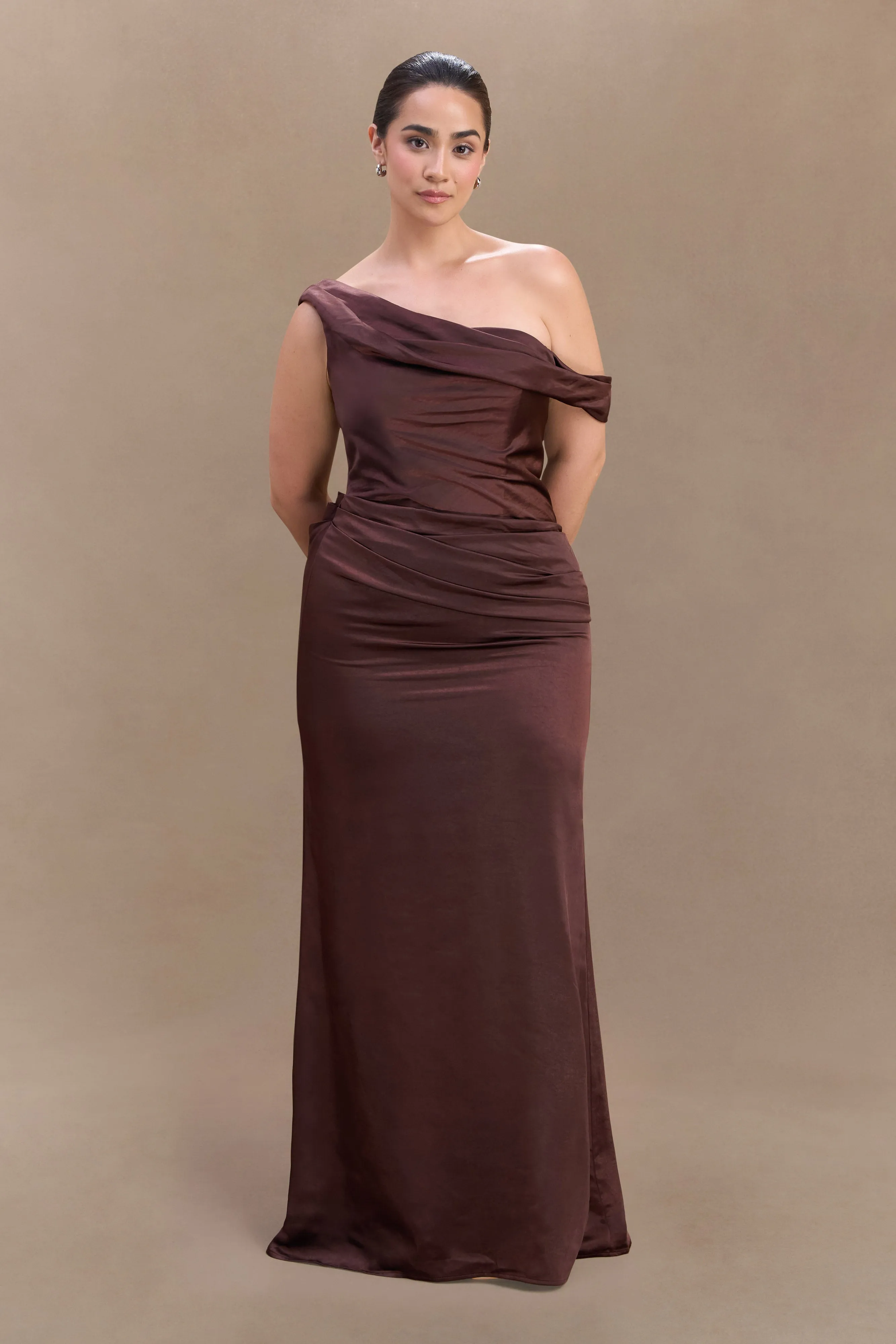 Perfectly Fit Look Dalia Off Shoulder Satin Maxi Dress - Dark Chocolate