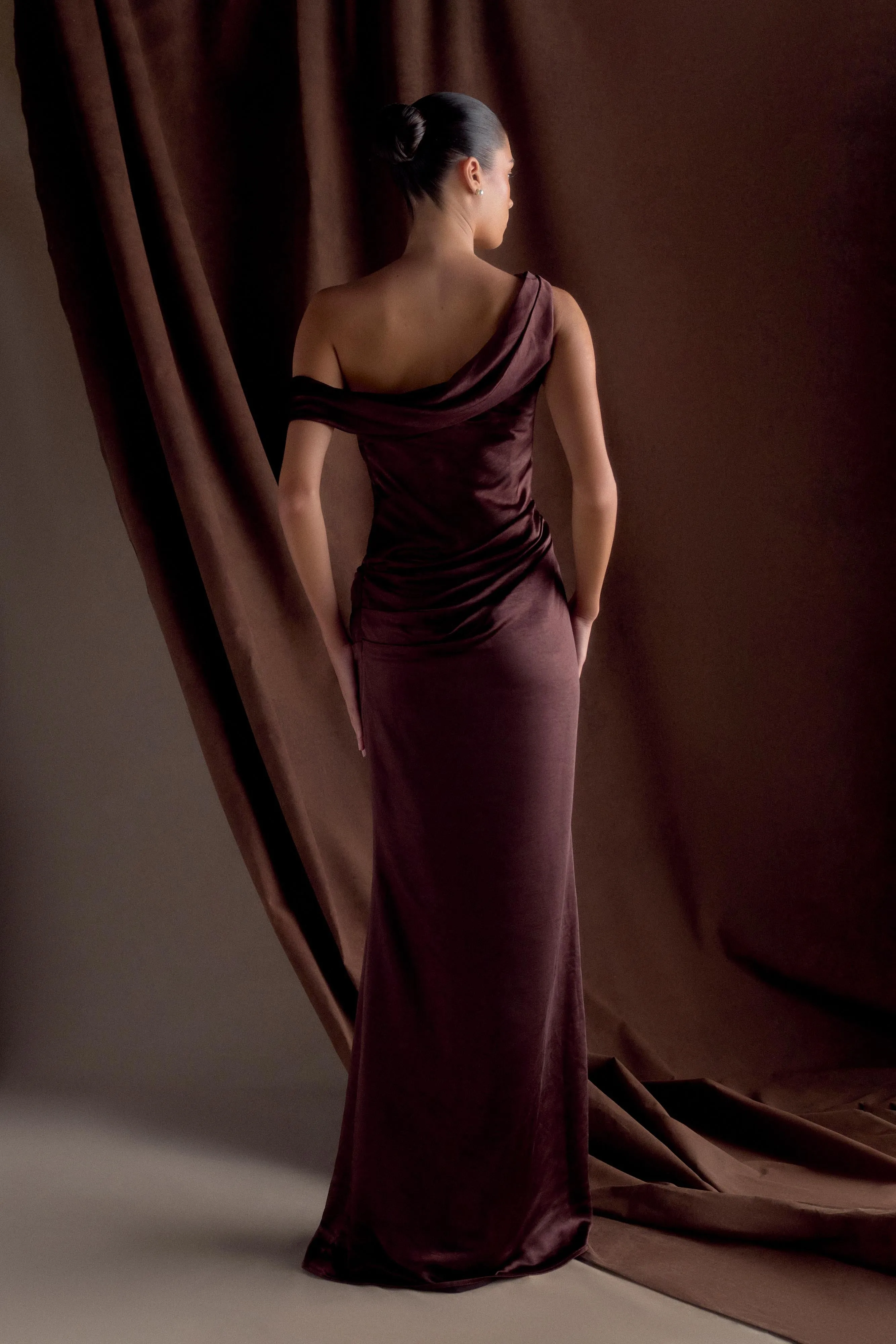 Dalia Off Shoulder Satin Maxi Dress - Dark Chocolate Timeless Beauty
