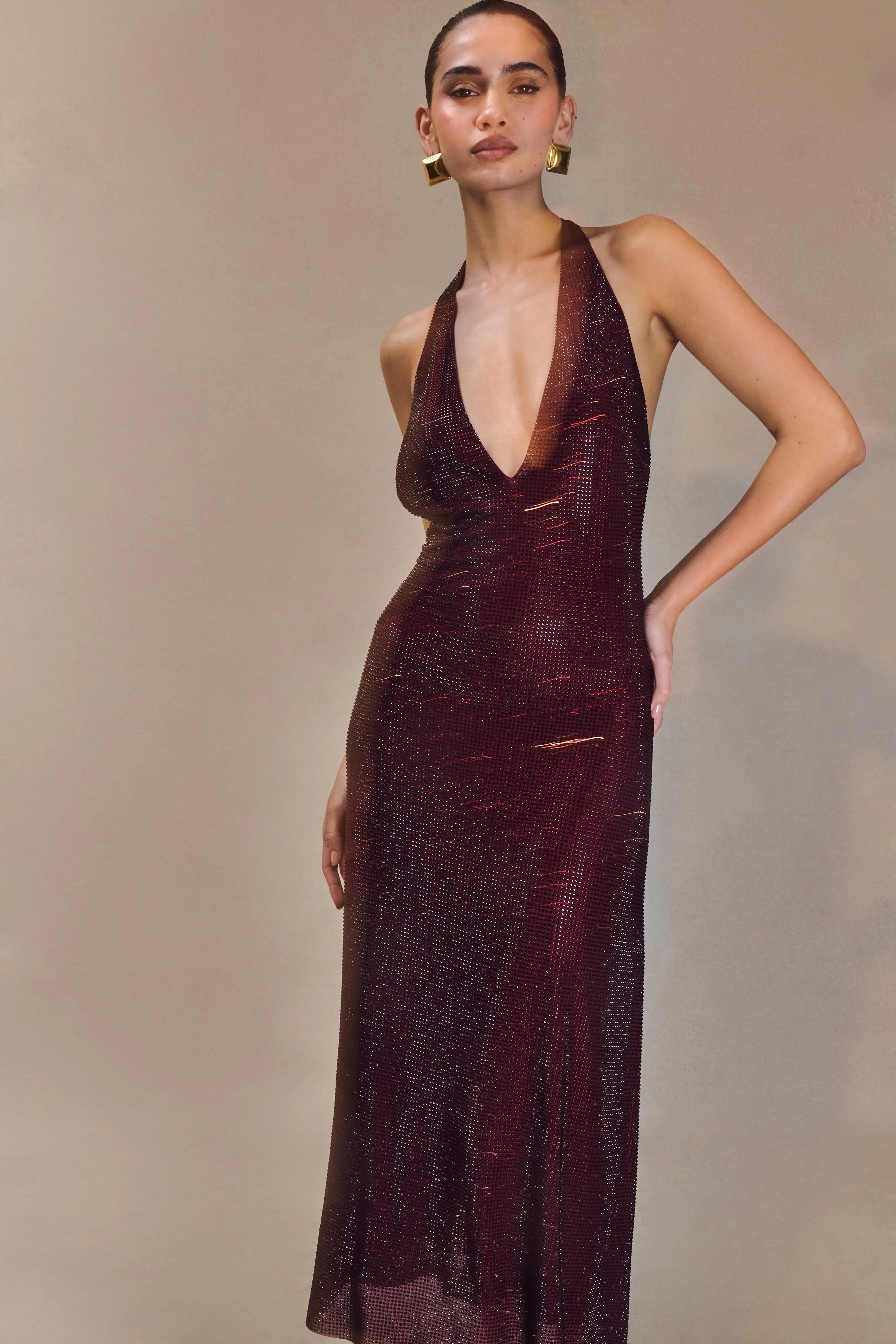 Genie Diamante Halter Midi Dress - Mahogany Trendy Layer