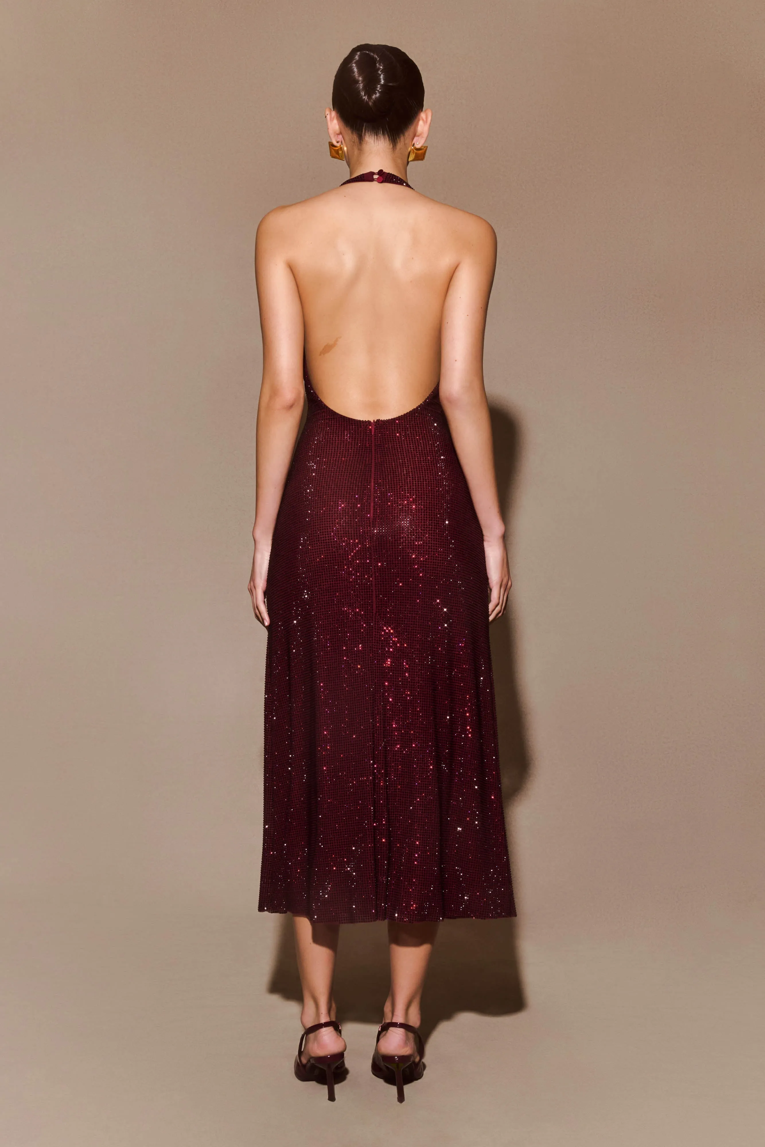 Must Have Decorative-Design Genie Diamante Halter Midi Dress - Mahogany