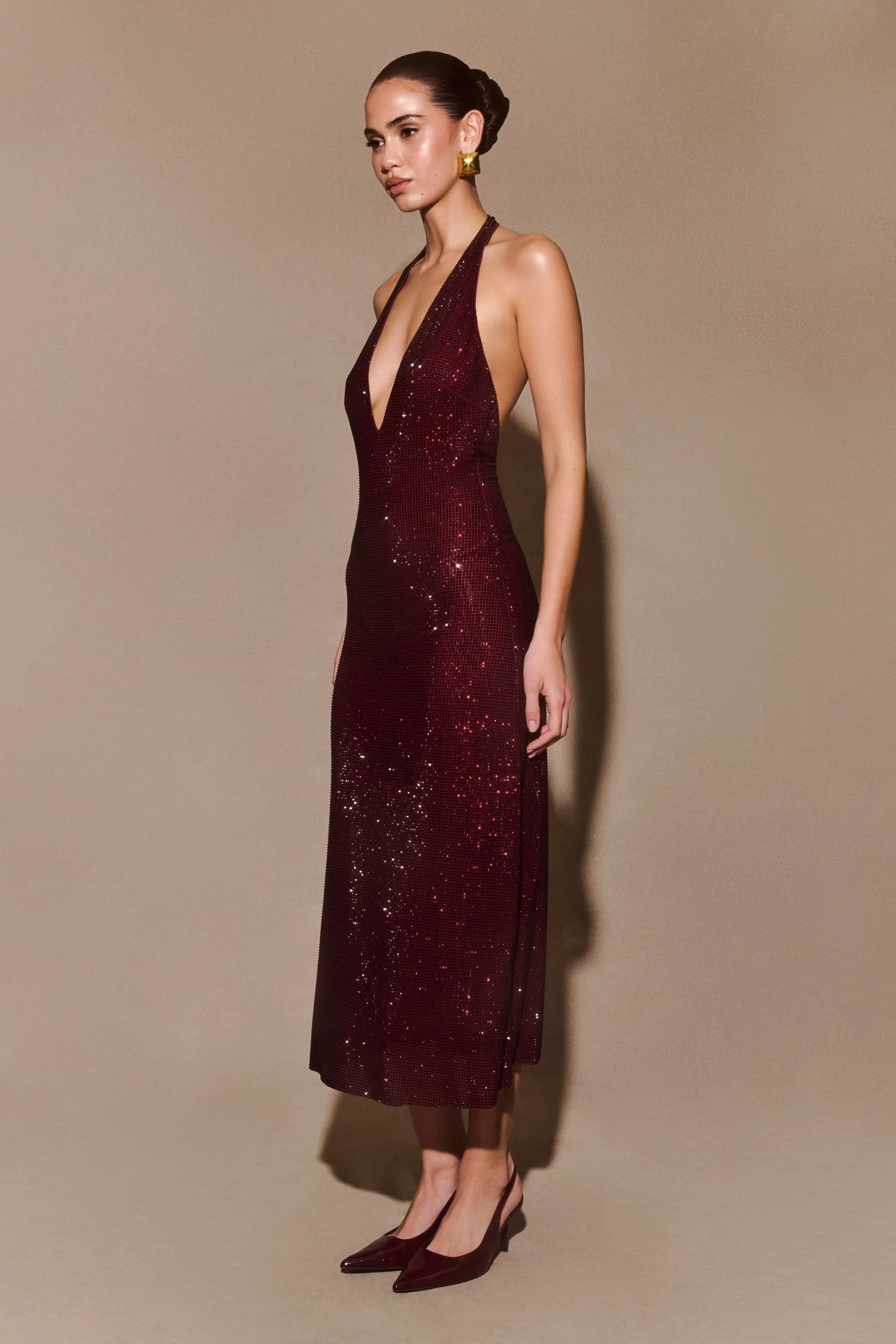 Genie Diamante Halter Midi Dress - Mahogany Cozy Mood