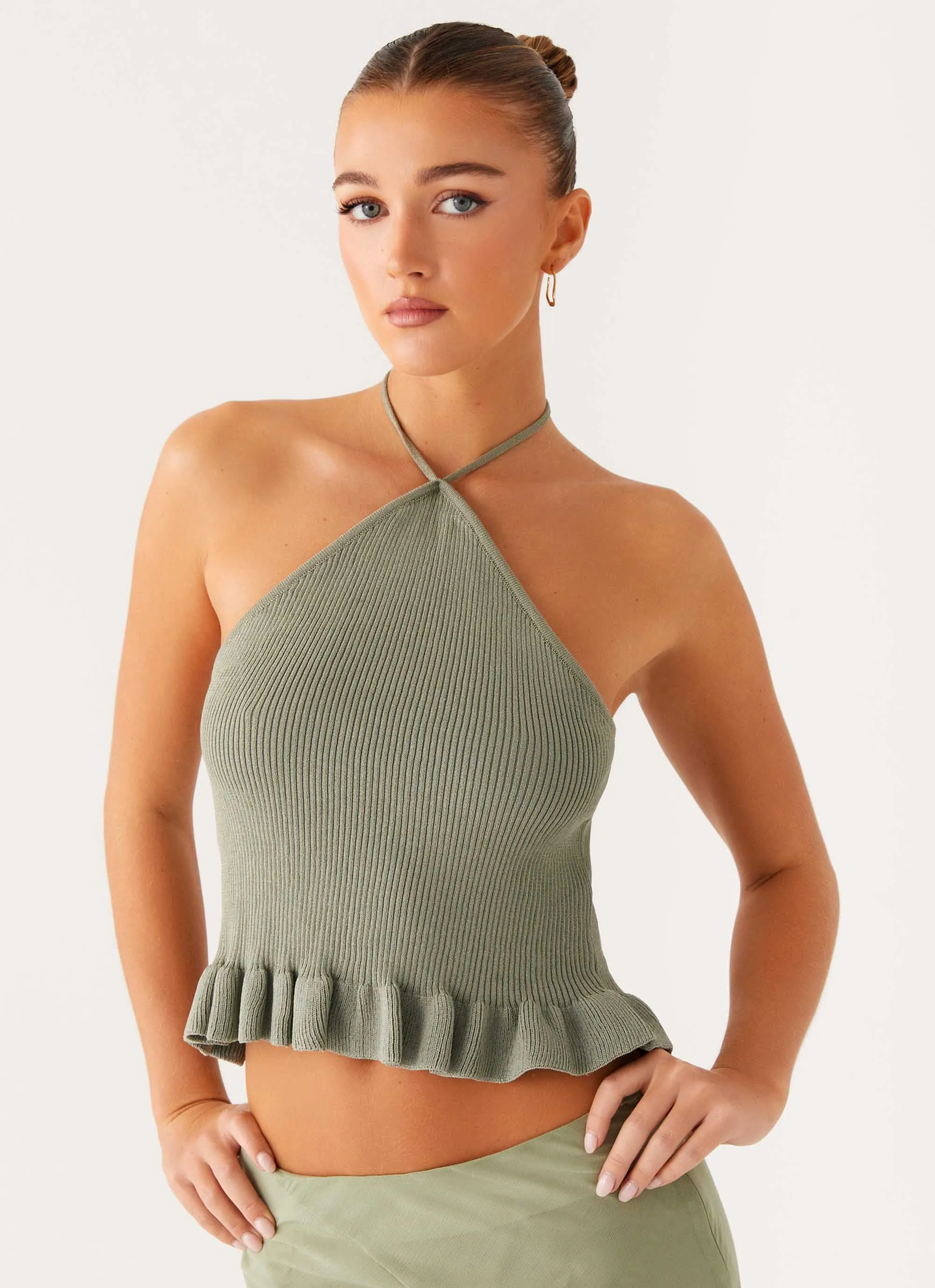 MoistureWicking Textured Weave Ribbed Collar Design Idola Knit Top - Sage