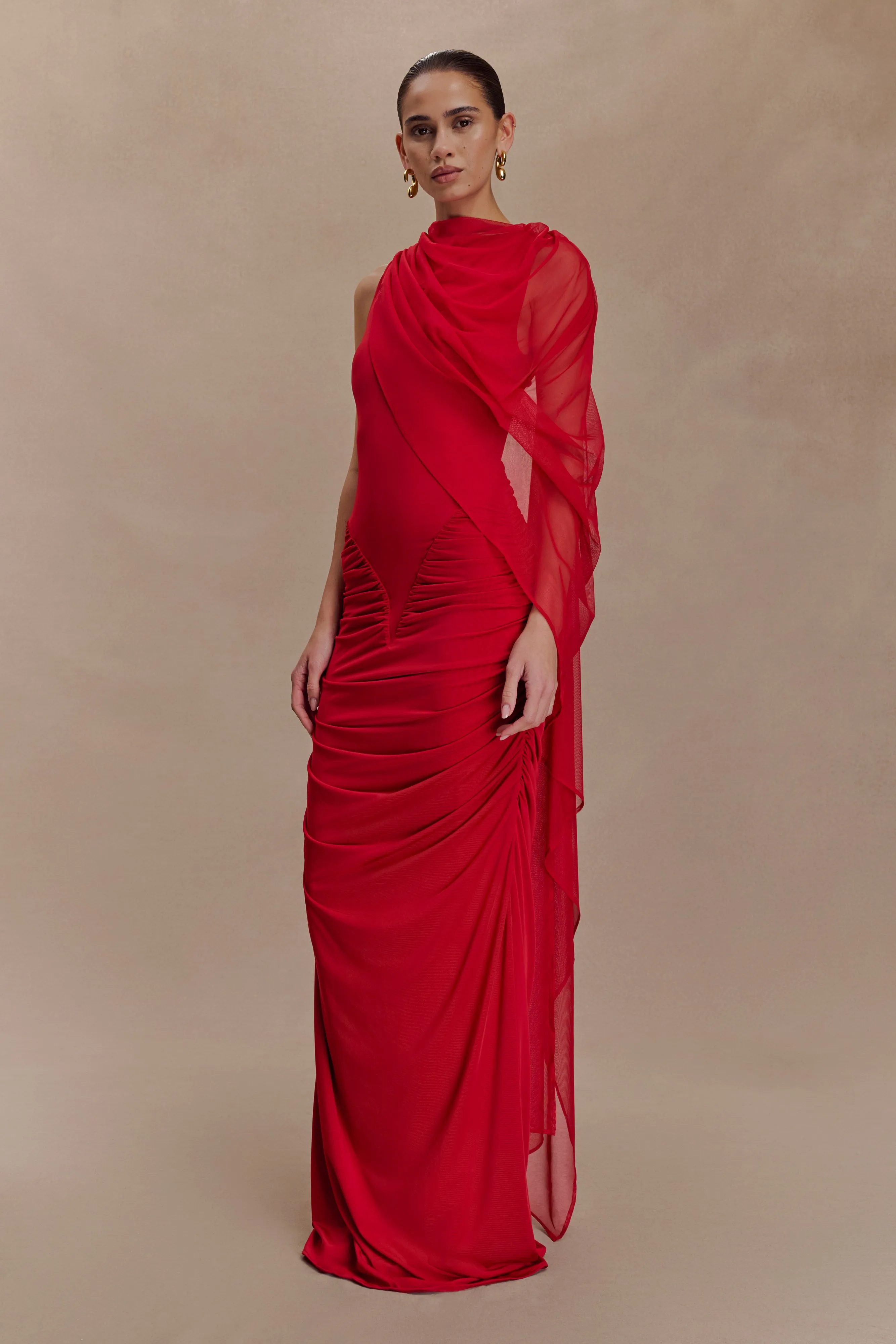 Amandine Ruched Slinky Maxi Dress - Ruby Bare Arm Perfectly Fit Look