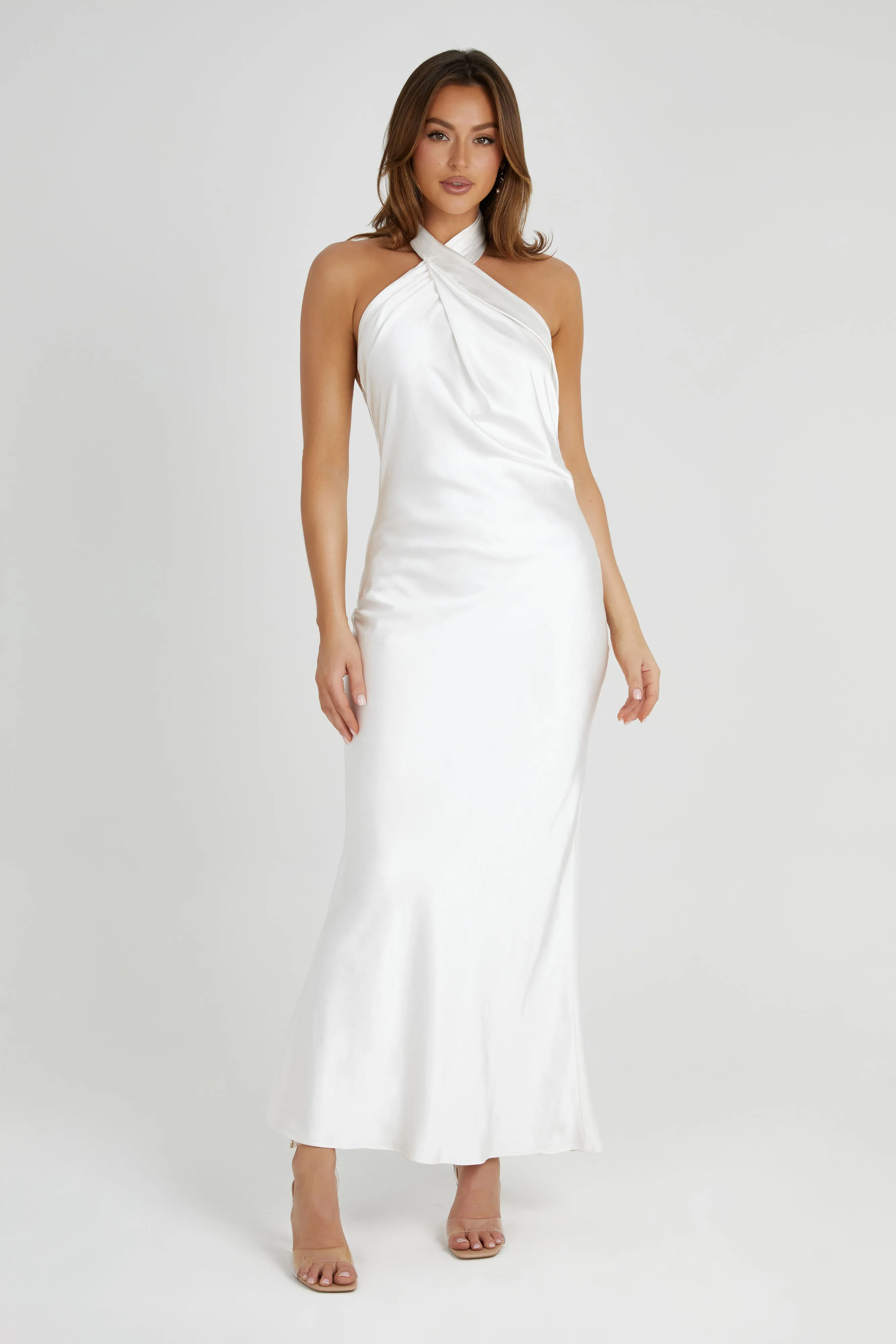 Anytime Fit Laura Halter Satin Gown - White