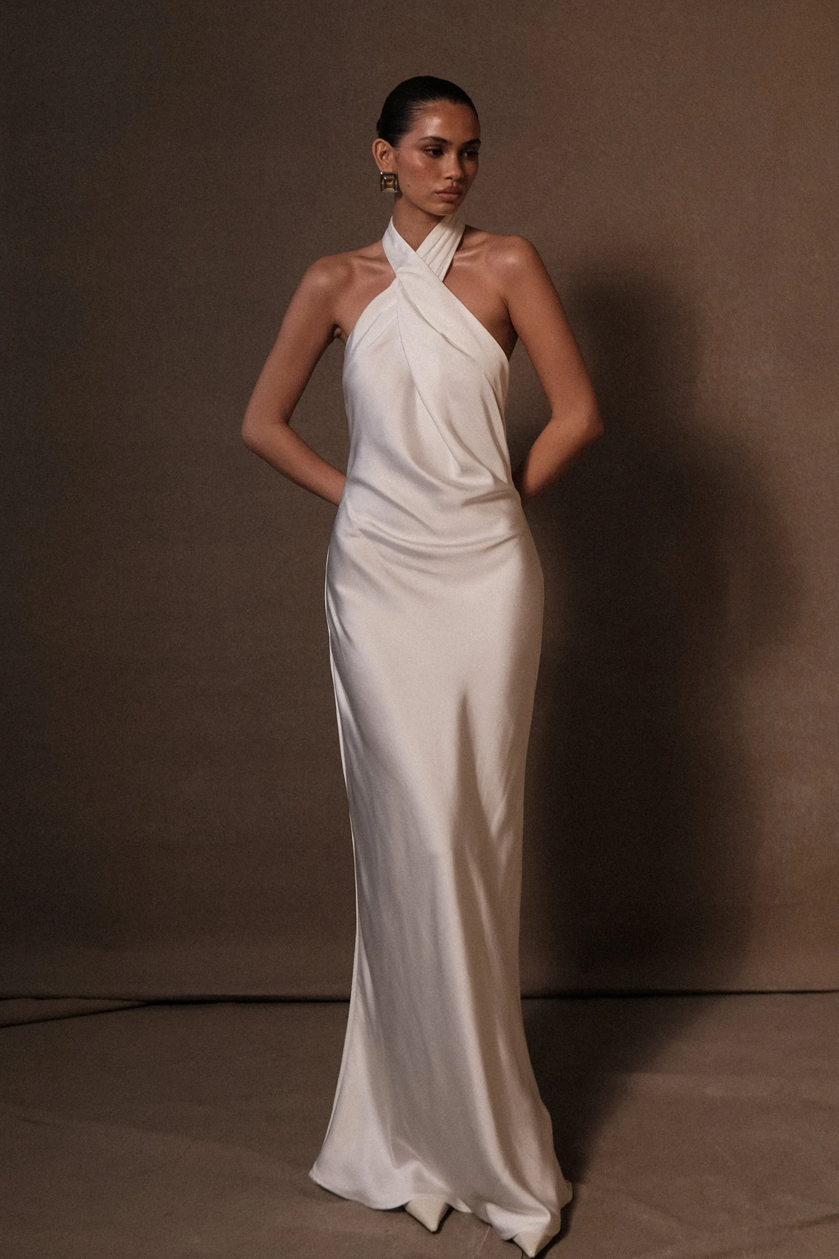 Brunch Glow Cool Drape Laura Halter Satin Gown - White