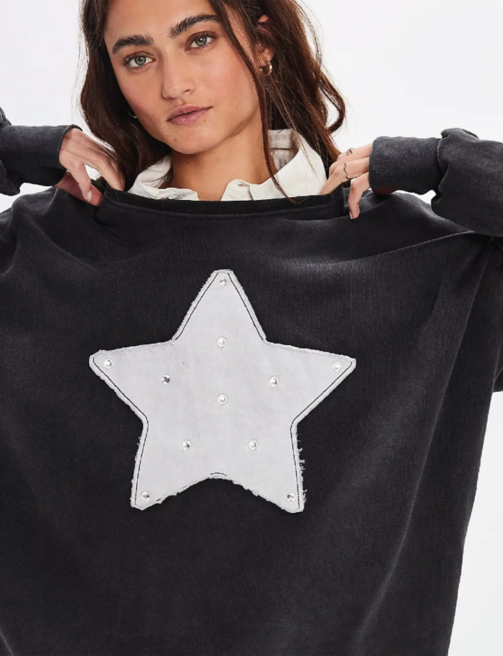 logoed Rhinestone Star Jumper, Black/Snow